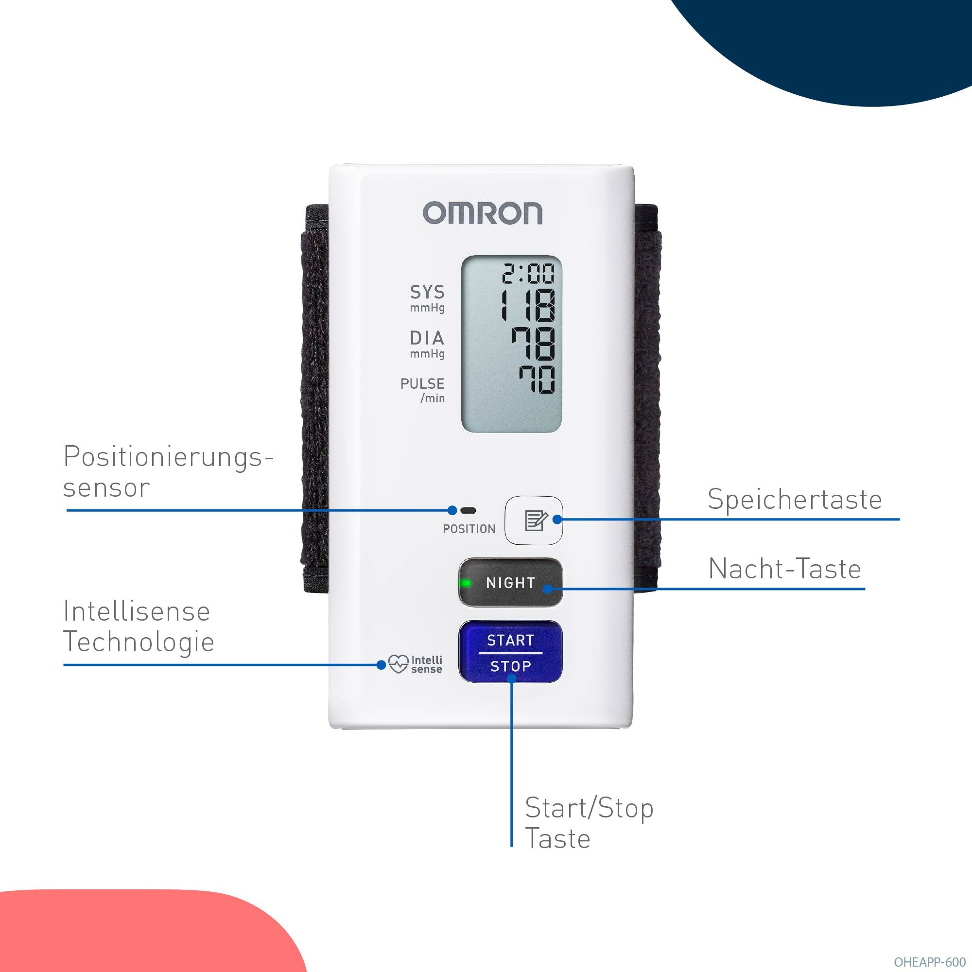 Omron Handgelenk-Blutdruckmessgerät NightView, geräuschlose Blutdruckmessungen am Tag und in der Nacht, klinisch validiert, geräuschlos und komfortabel, mit kostenloser App
