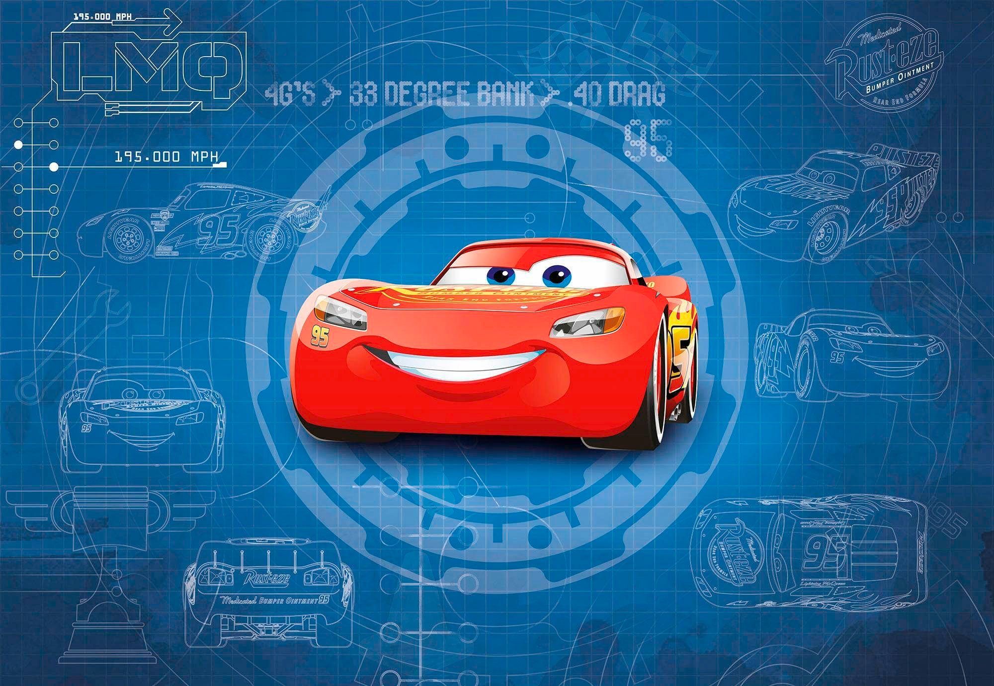 Komar Fototapete Cars3 Blueprint - Größe 368 x 254 cm, glatt, bedruckt, Kinderzimmer