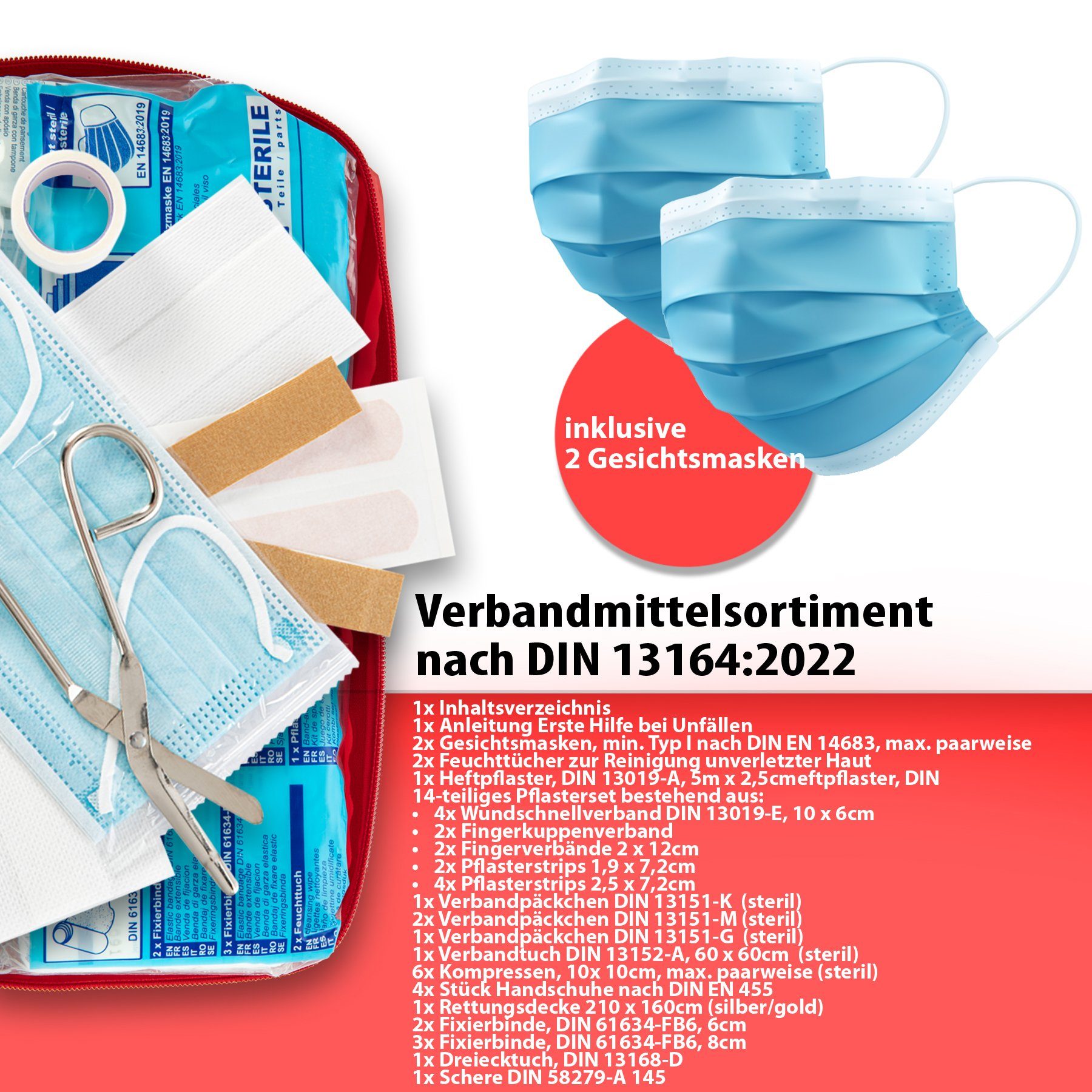 BigDean KFZ-Verbandtasche Verbandskasten MADE IN GERMANY Rot DIN 13164:2022, (1 St)