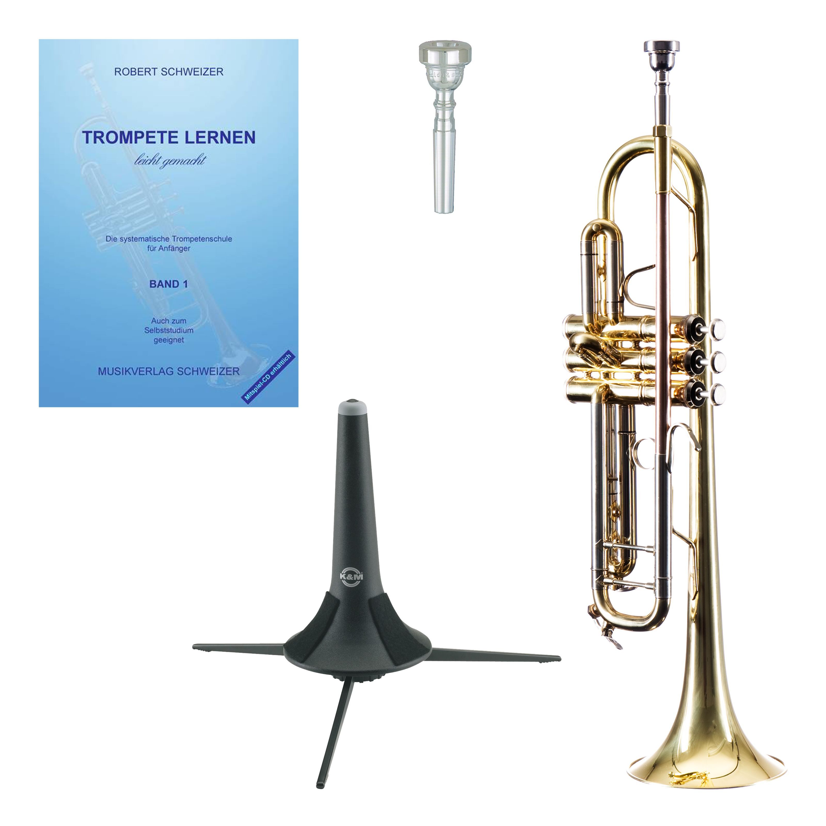 Monzani Trompete, MZTR 344 Bb-Trompete Gold Lacquer Finish 113 mm mit Trumpet Basics und Flügelhorn, Trompeten, Trompeten-Sets, MZTR 344 Bb-Trompete, Gold Lacquer Finish, Trumpet Basics