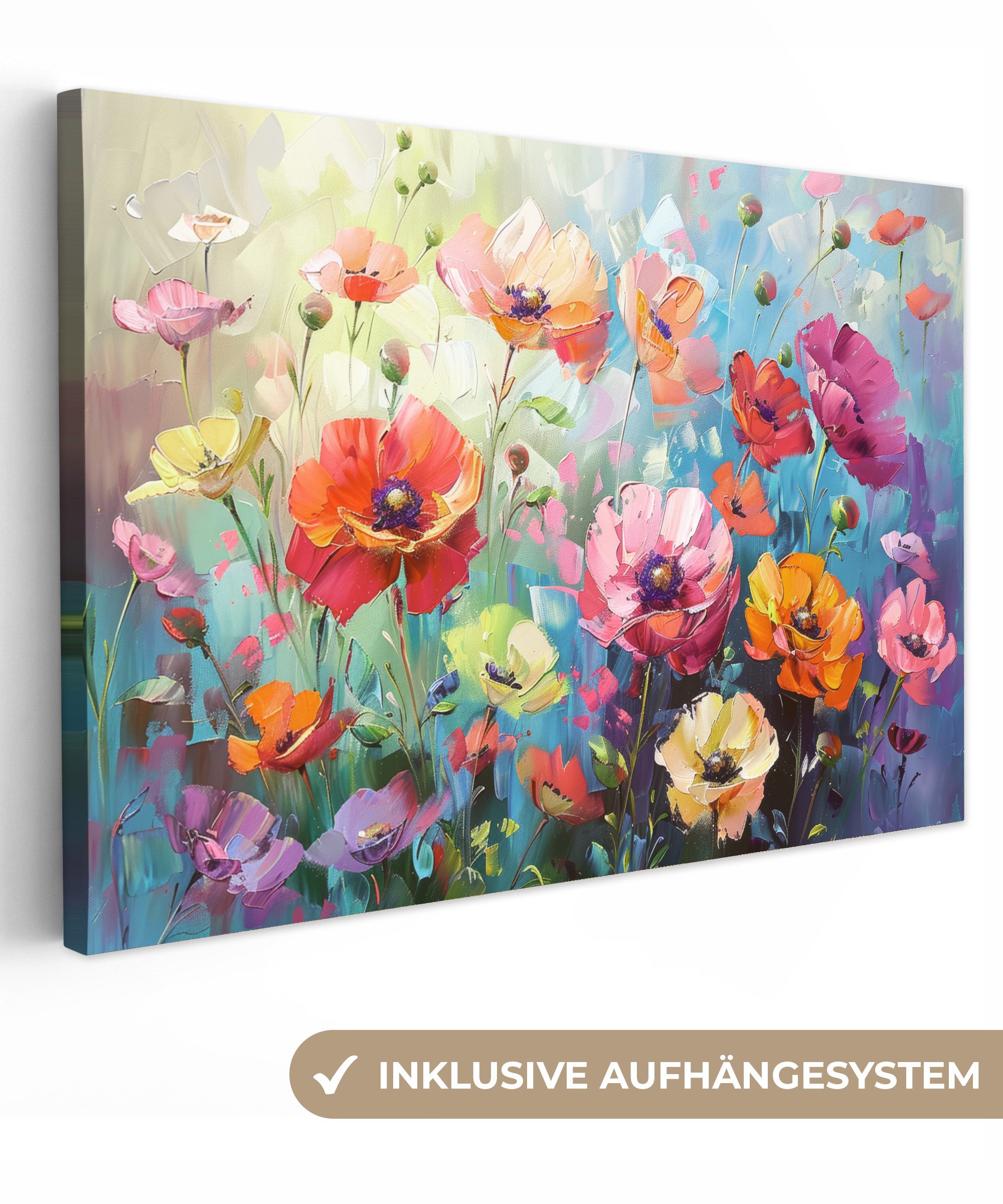 OneMillionCanvasses® Leinwandbild Blumen - Bunt - Aquarelle - Natur - Sommer, Fotodruck (1 St), Leinwand Bilder Klein, Wand Dekoration Aesthetic 30x20 cm