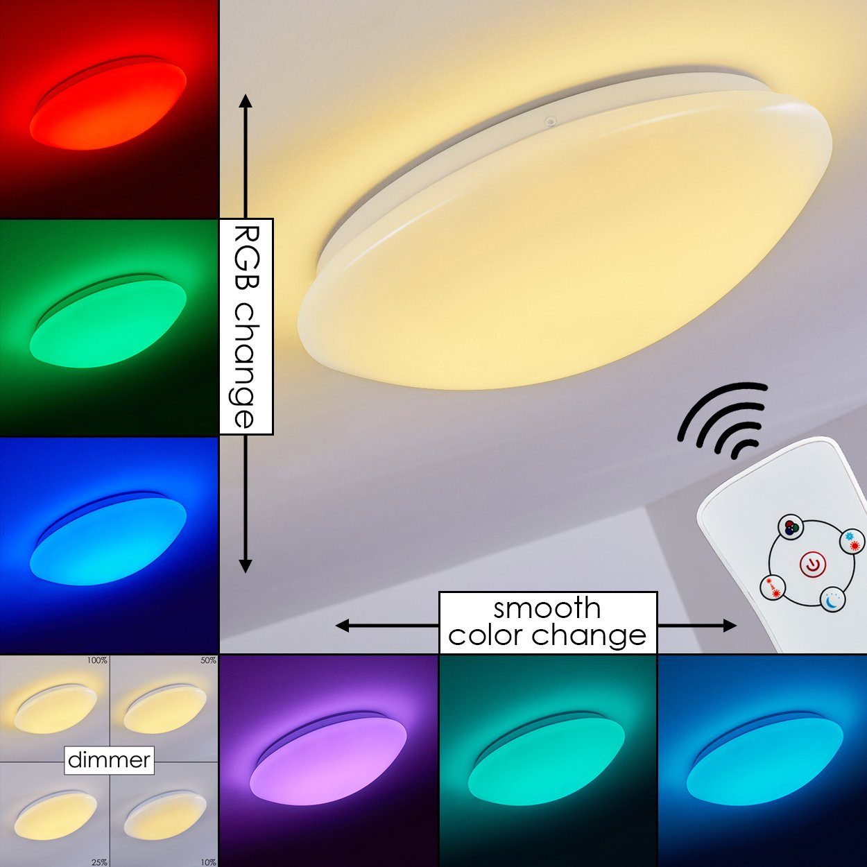 hofstein Deckenleuchte »Osini« LED Deckenlampe runde mit RGB Farbwechsler und Fernbedienung, 3000 Kelvin, dimmbar, mit Nachtlichtfunktion, 18 Watt, 1200 Lumen | Deckenlampen