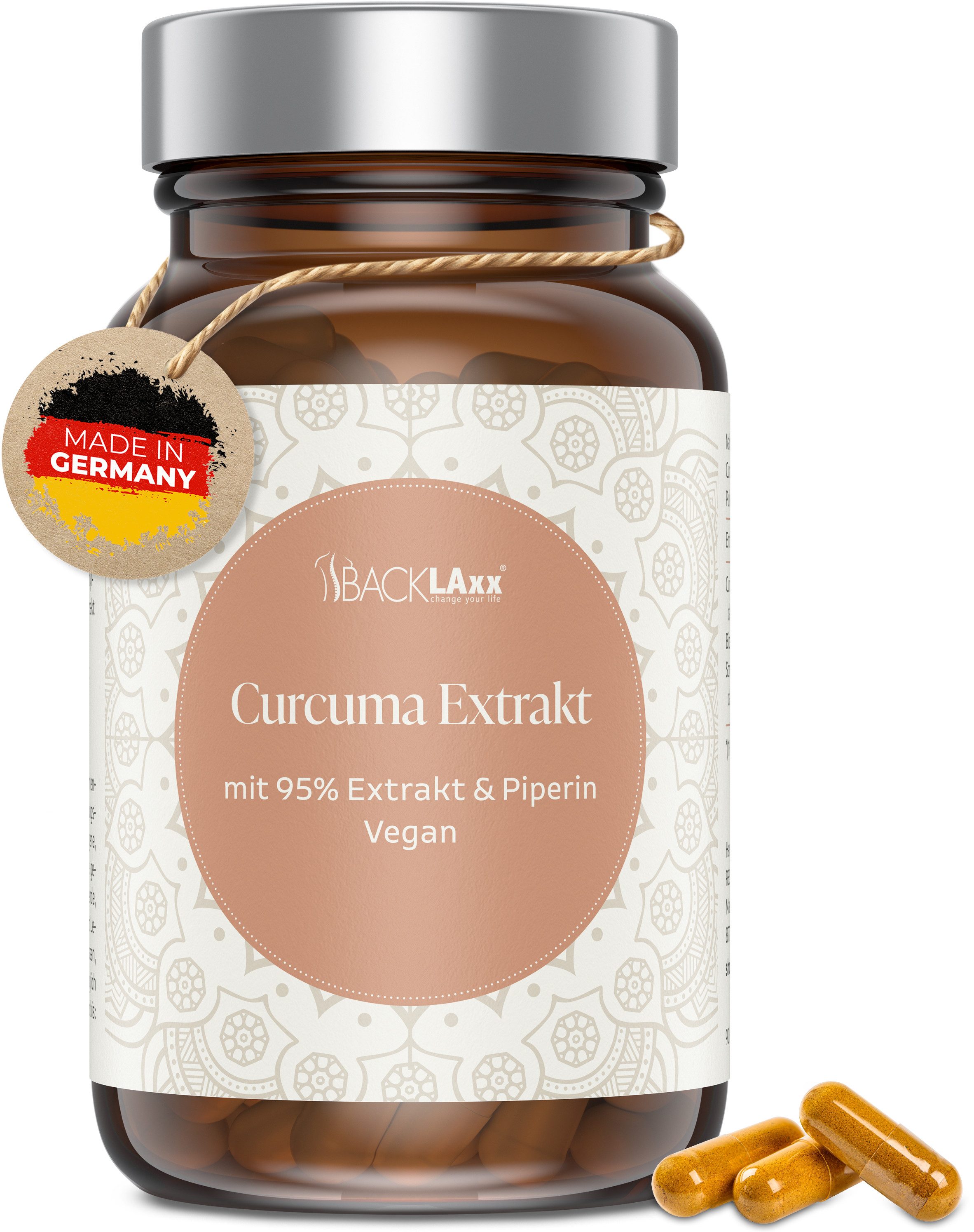 BACKLAxx® Curcuma Extrakt hochdosiert 95 % mit Bio-Curcuma Pulver & Piperin, 90 Kapseln, für 90 Tage Vorrat - Vegan, ohne Zusatzstoffe