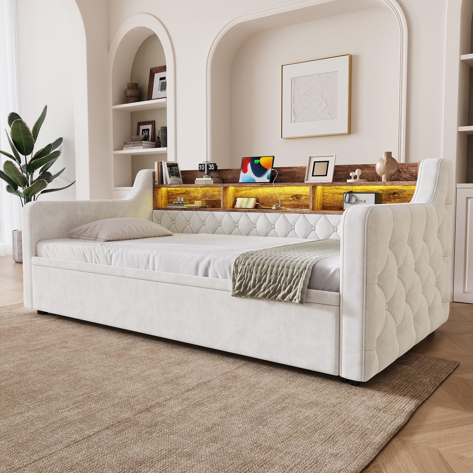 i@home Daybett Tagesbett Schlafsofa Ausziehbar (Gästebett mit Stauraum-Kopfteil, Armlehnen beidseitig, 1 tlg), Lattenrost inkl. Sofabett 90×190 cm