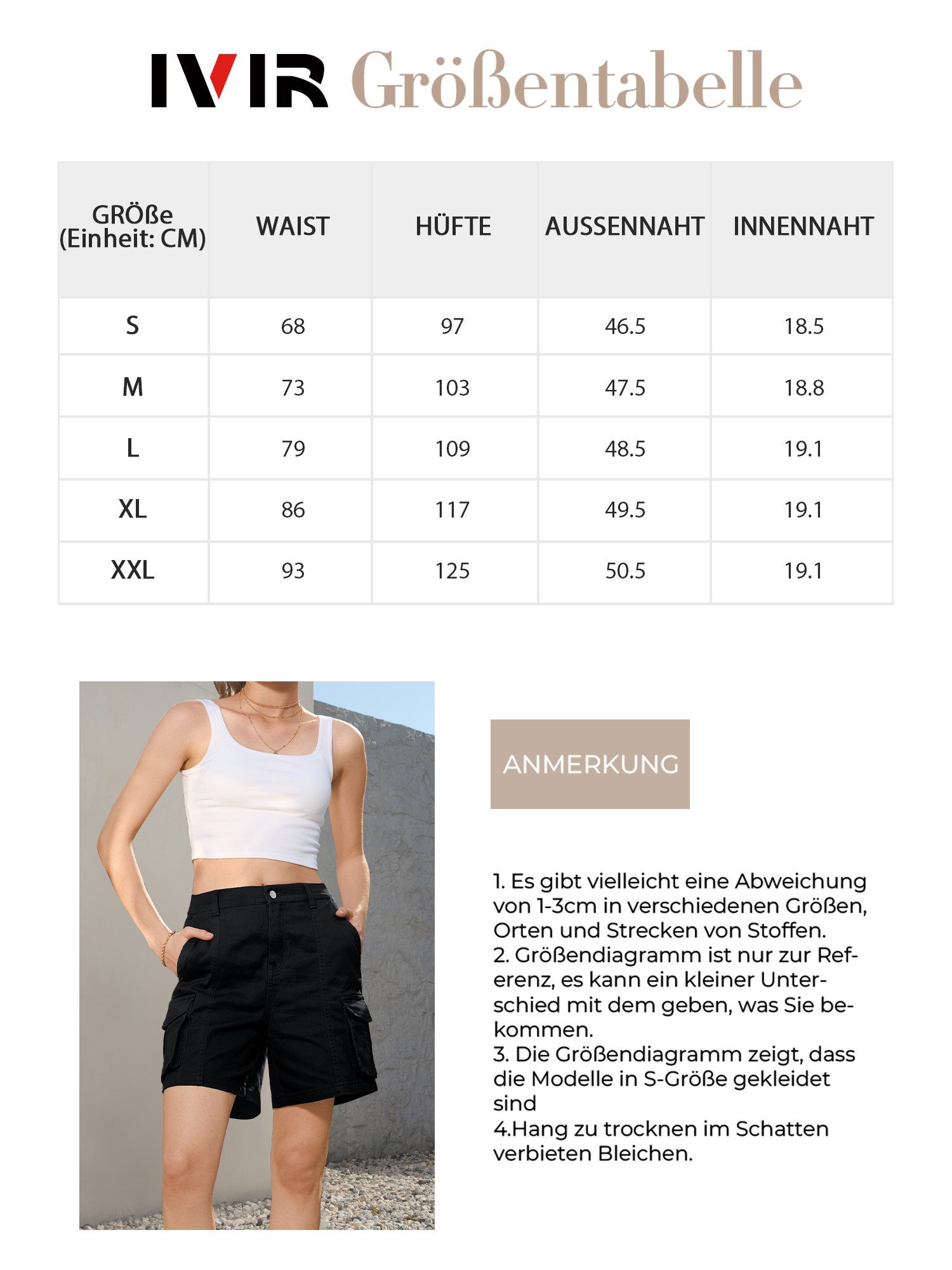 IVIR Bermudas Kurze Hose Damen, Cargo Shorts Damen (1-tlg) Hochtailliert & dehnbar aus Baumwolle mit 6 praktischen Taschen
