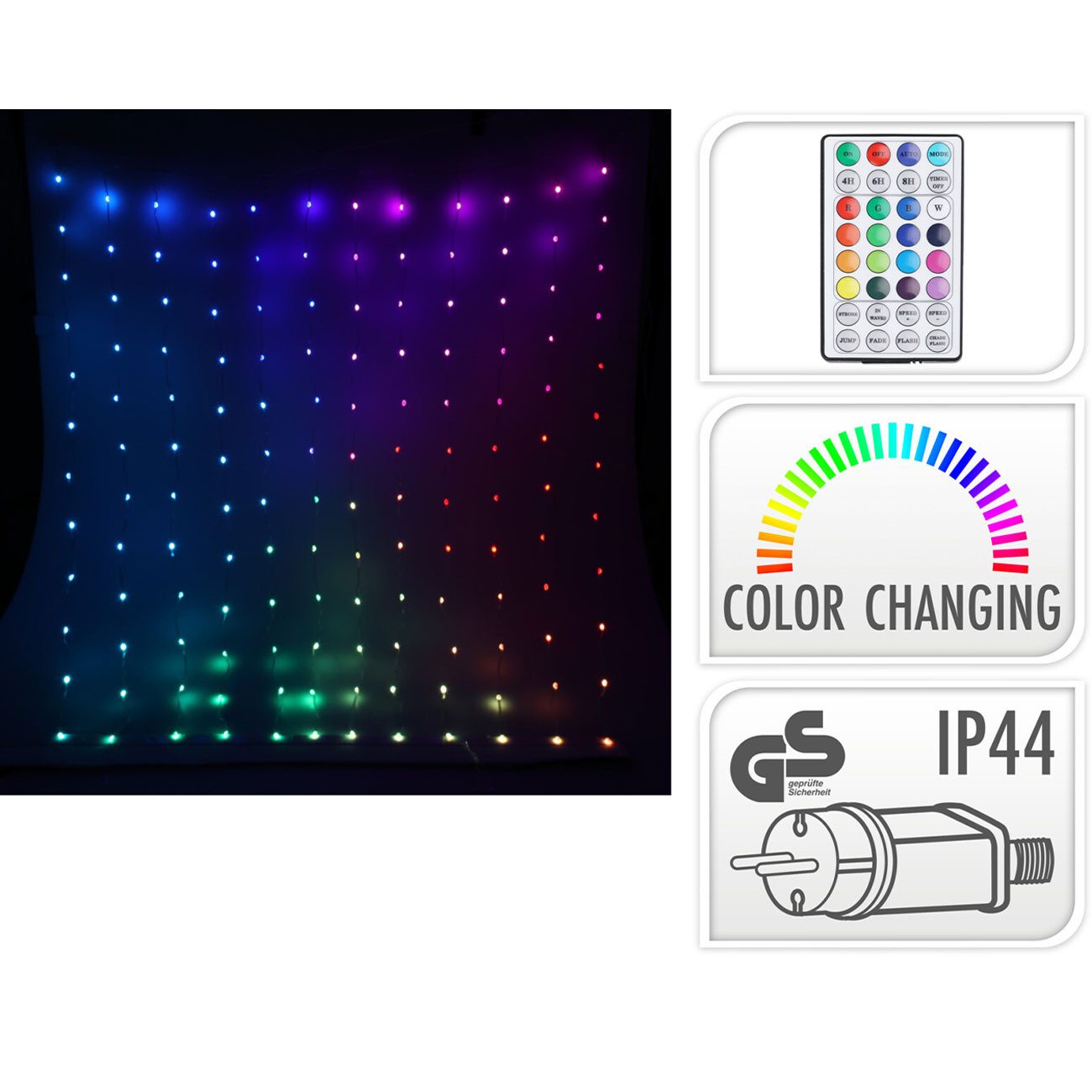 ROGITO elite LED-Lichtervorhang RGB LED-Lichtervorhang 1,2x1,2 m, 144 bunte LEDs IP44 Fernbedienung, Mehrfarbig (RGB), 1,2 x 1,2 Meter, 12 Stränge, 5m Kabel – Bild 5 von 5