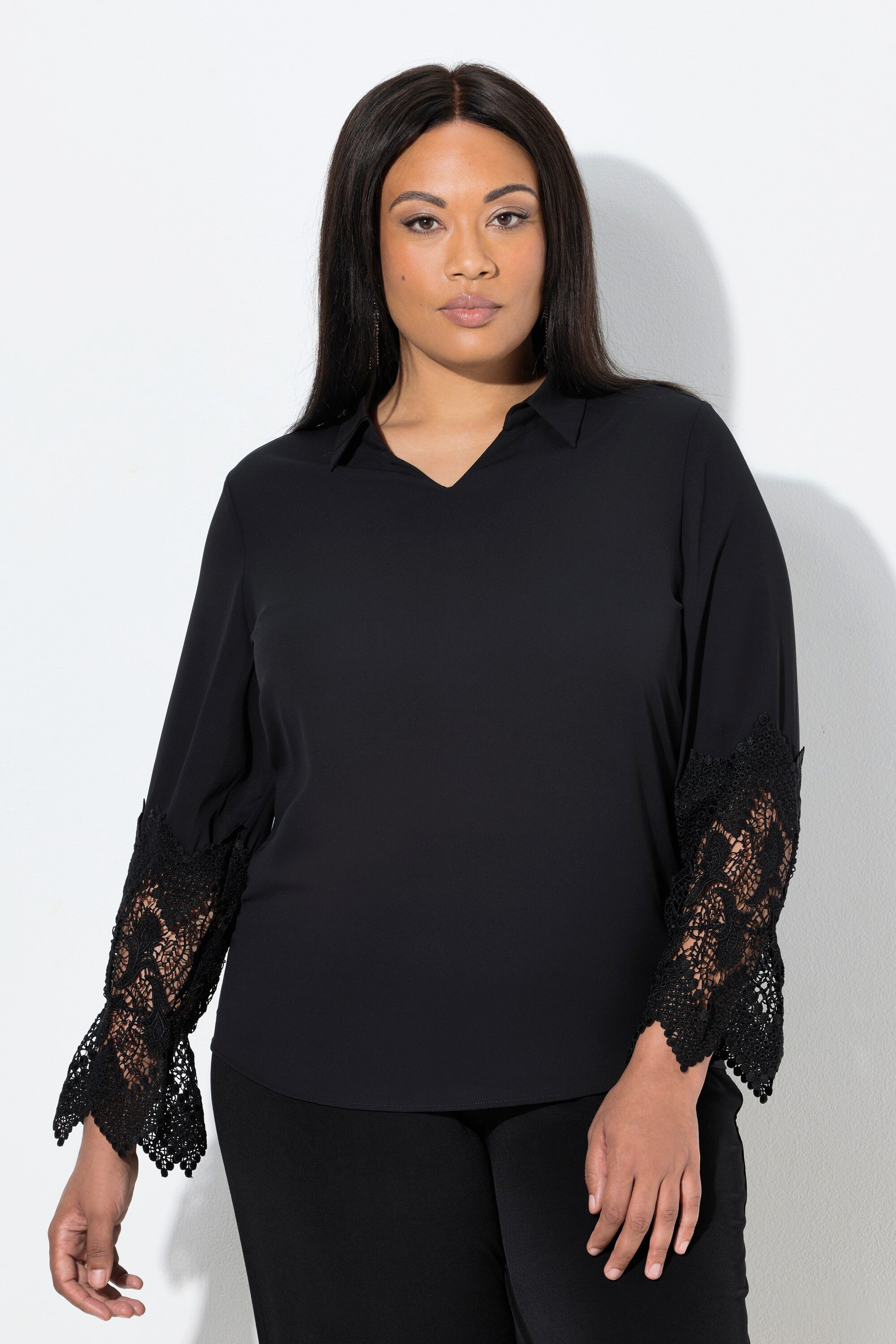 Ulla Popken Tunika Bluse Spitze Hemdkragen V-Ausschnitt Langarm Krepp günstig online kaufen