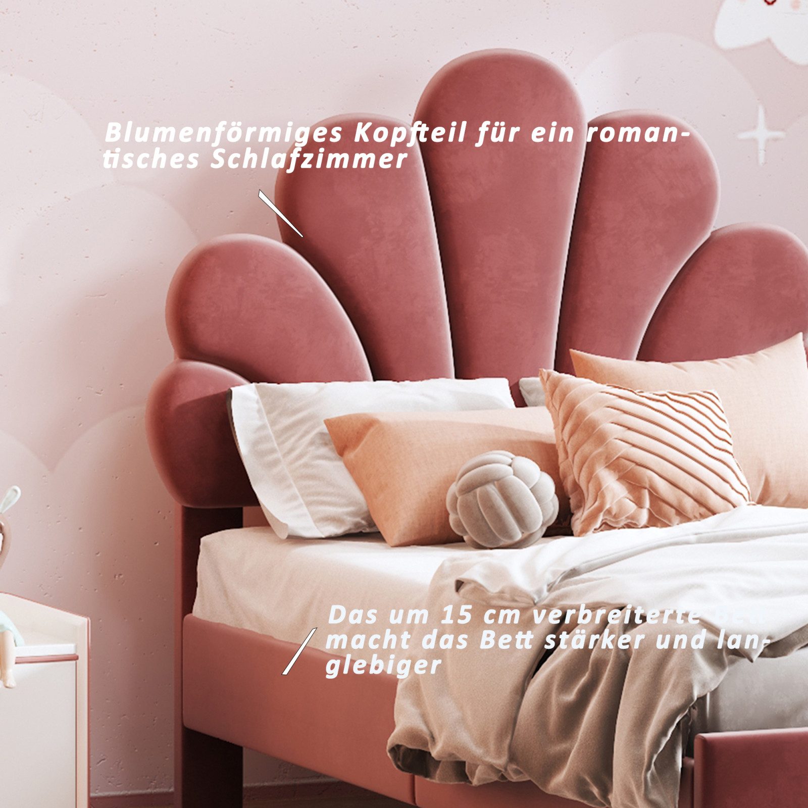 PXloue Polsterbett Einzelbett Kinderbett (Ideal für ein Märchenhaftes Kinderzimmer), Kopfteil in Blumenform,mit Lattenrost und Metallbeinen,90x200cm – Bild 3 von 5