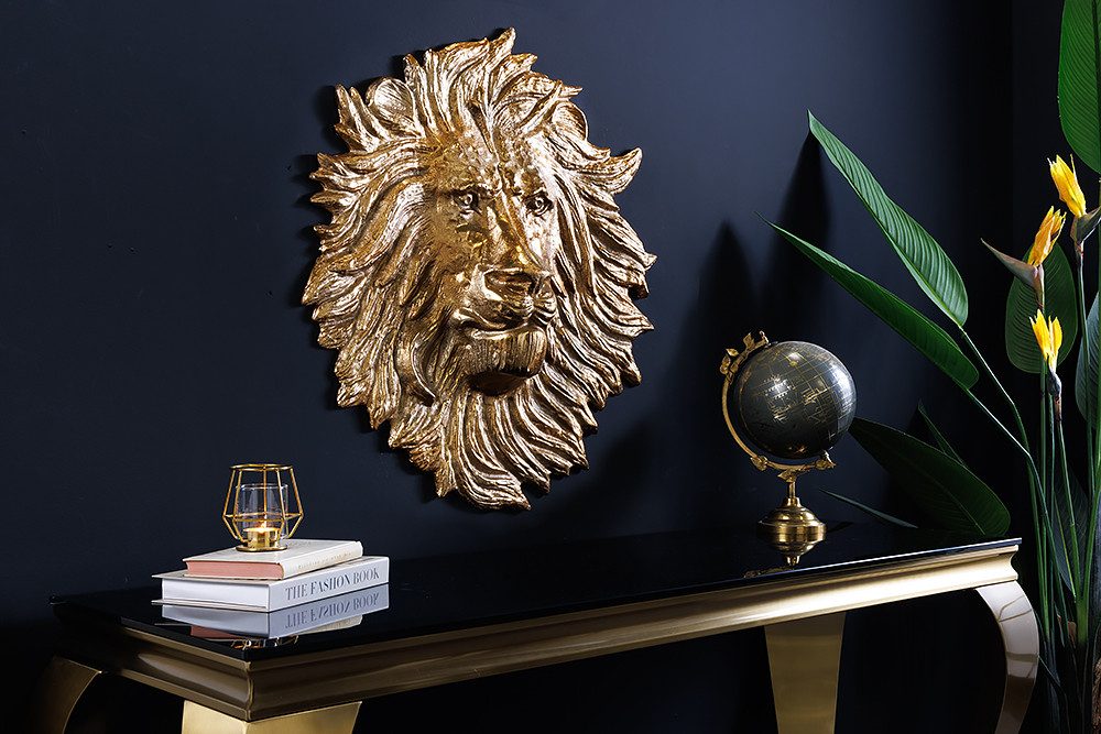 riess-ambiente Wanddekoobjekt WILDLIFE LION 60cm gold · Löwenkopf-Skulptur aus Metall (Einzelartikel, 1 St), Wohnzimmer-Accessoire · handmade · 3D Wandbehang im Tier-Design