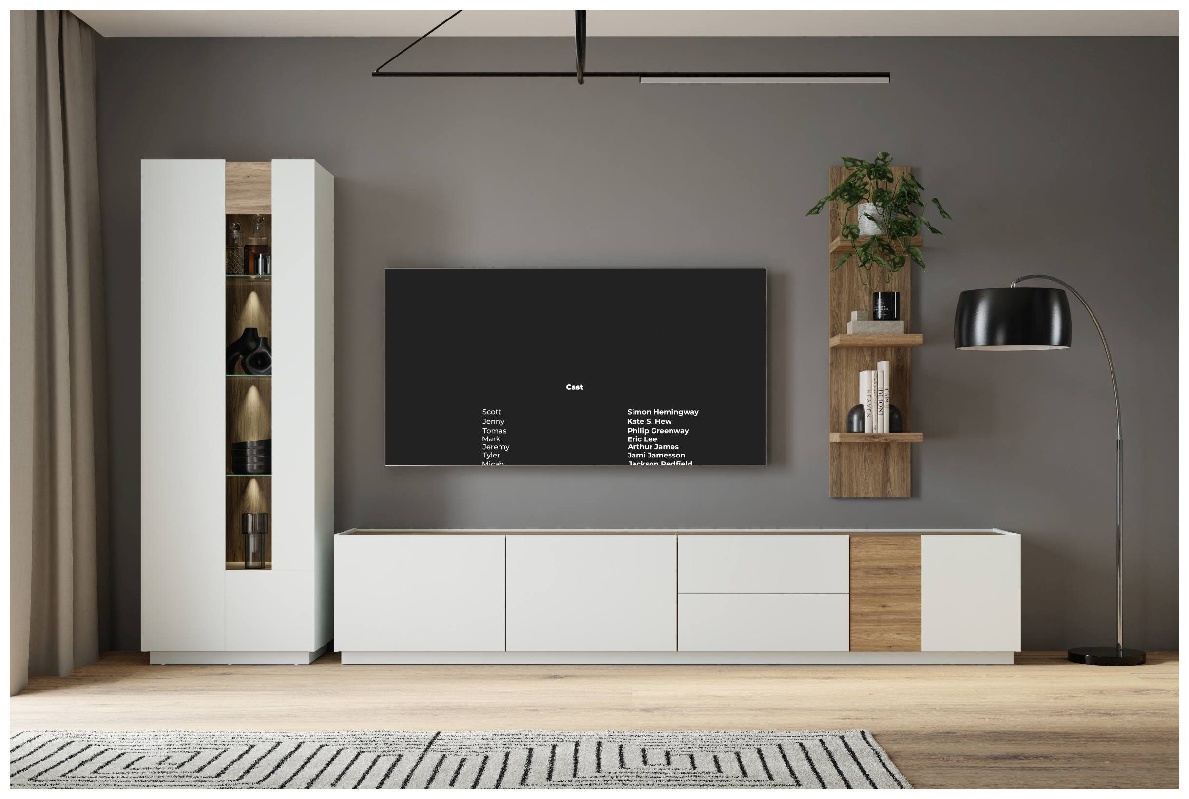 FORTE Wohnwand Wohnwand LEWISVILLE Wohnzimmer 3-tlg Optik: Secret Grey / Valencia Oak, (Komplett-Set, 3-St., Vitrine, Lowboard, Wandboard)
