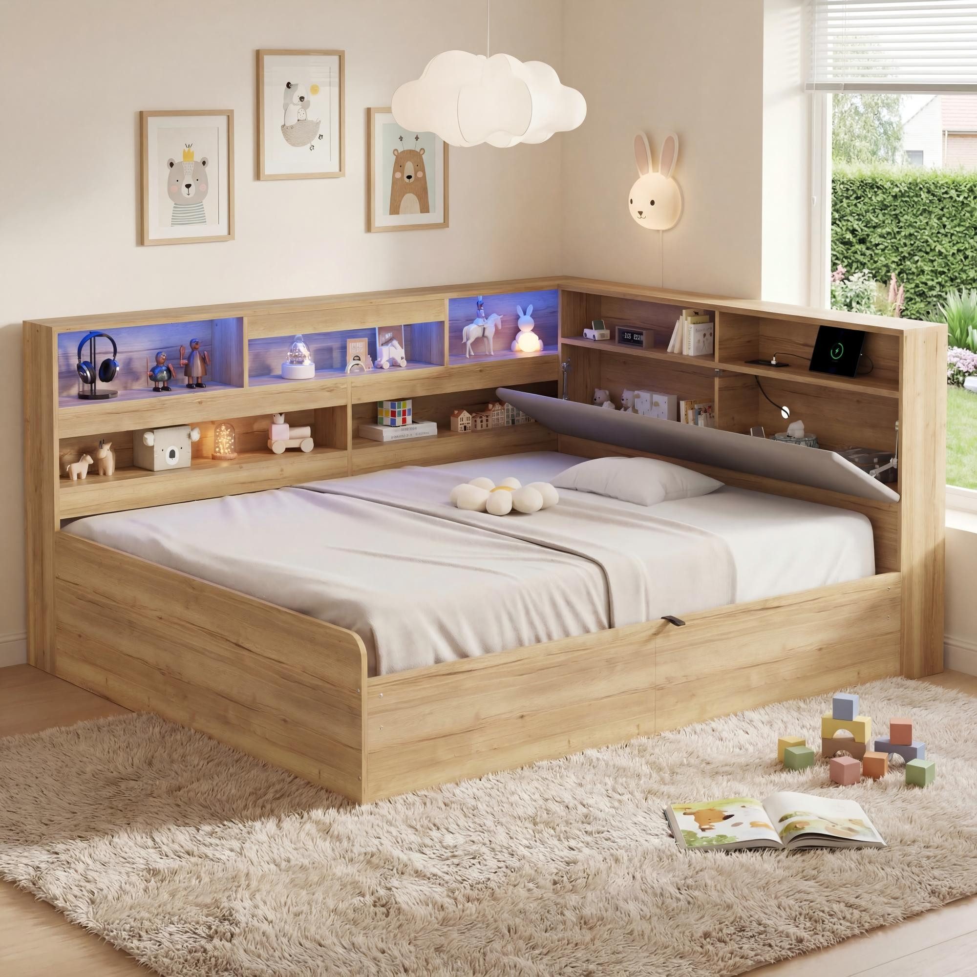 STILVORA Schlafsofa Jugendbett 140×200 mit matratze Hydraulisches Stauraumbett mit USB, Hydraulischer Bettkasten, LED-Beleuchtung, USB/Type-C Ladefunktion