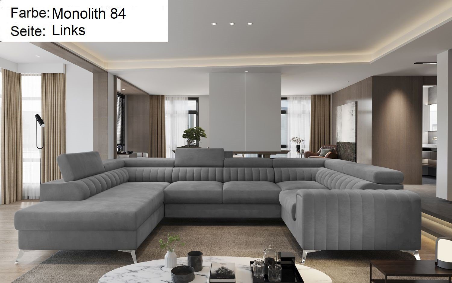 Lukas Möbel Wohnlandschaft Wohnlandschaft Linus mit Schlaffunktion Bettkasten XXL-Sofa in U-Form, mit verstellbaren Kopfstützen