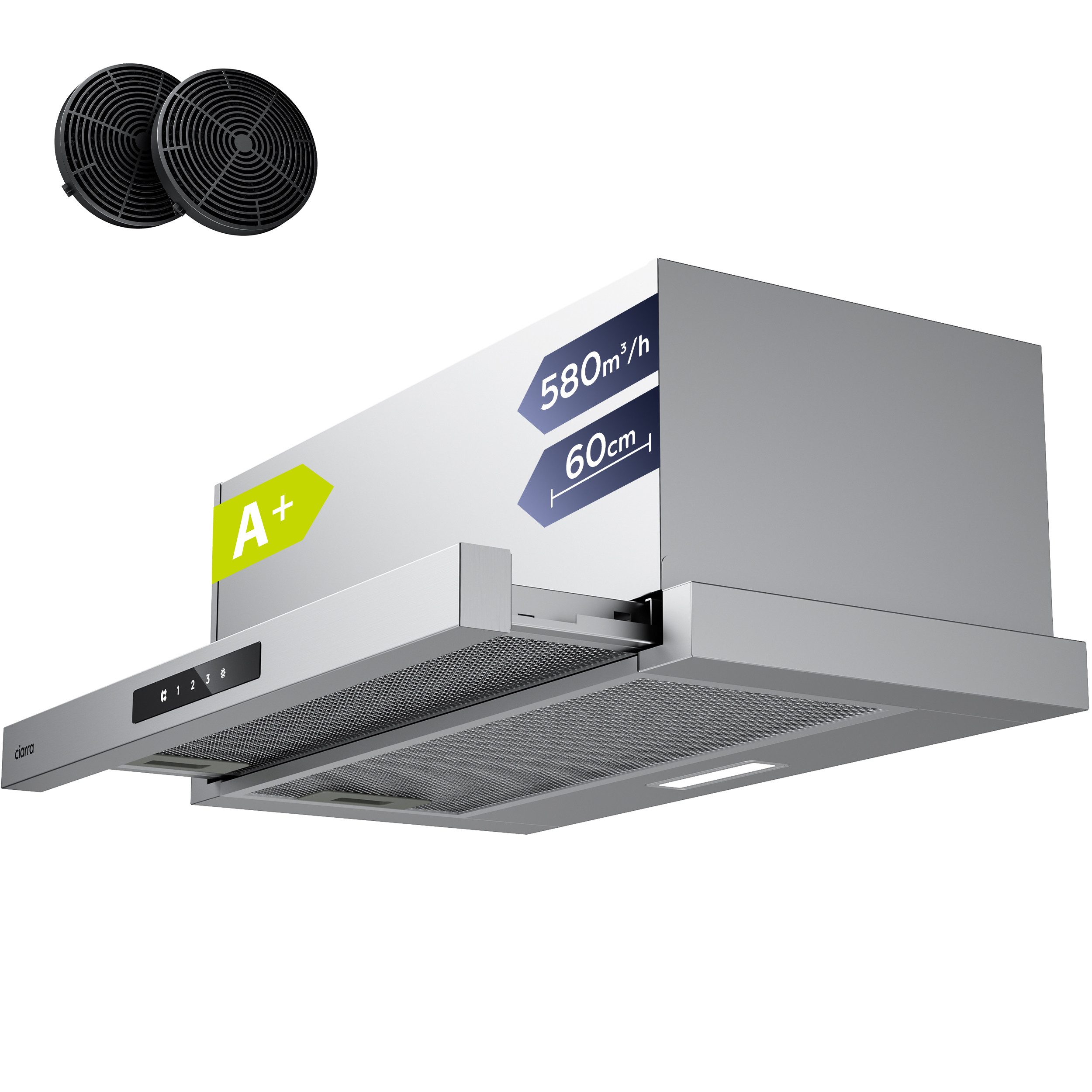 CIARRA Flachschirmhaube VMS6909A Teleskop Abzugshaube VMS6909A Teleskop Abzugshaube, A+ 580 m³/h Ausziehbare Einbau-Dunstabzugshaube 60cm Touch-Bedienung
