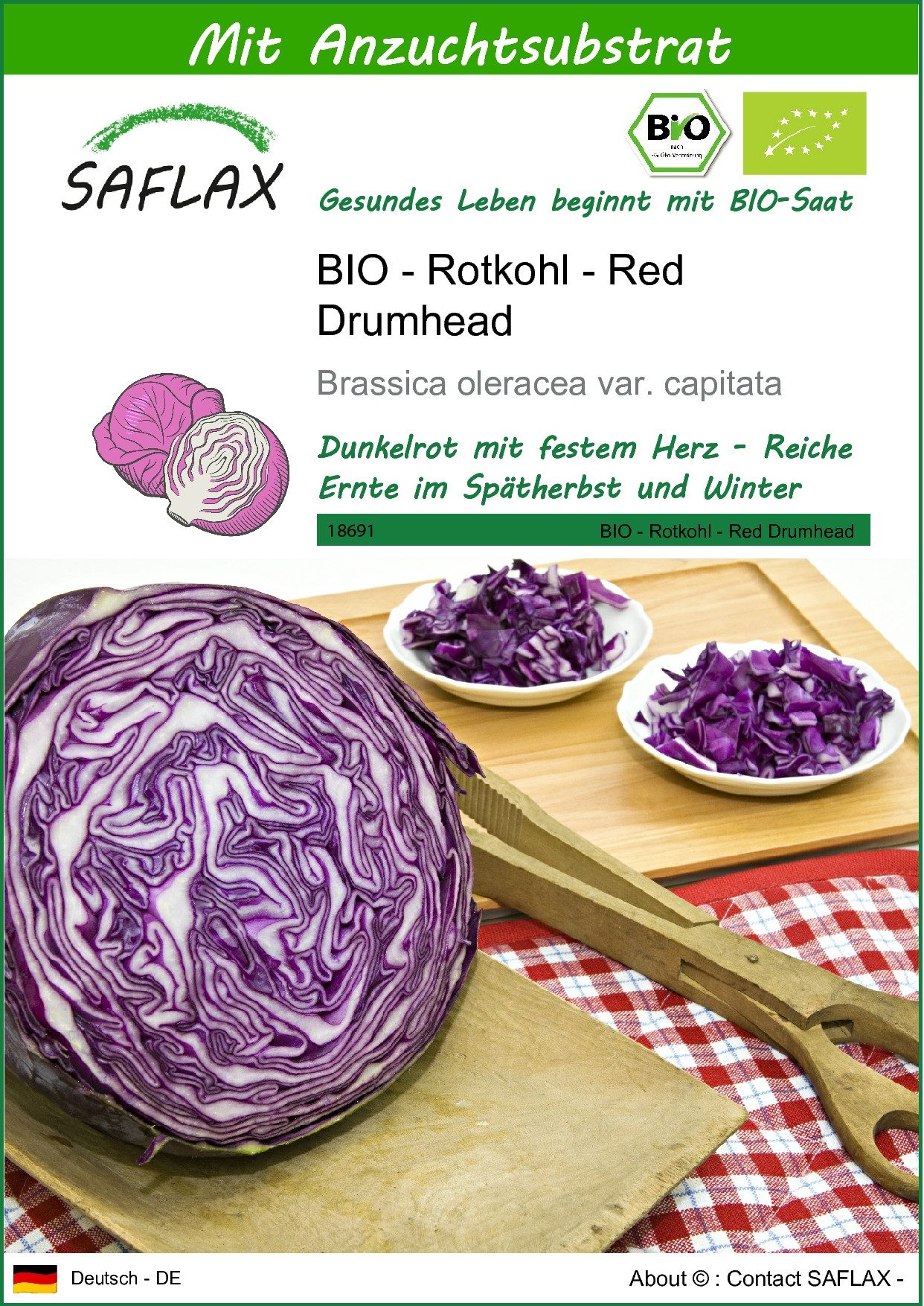 Gemüsesamen SAFLAX - Samen und Substrat - BIO - Rotkohl - Red Drumhead