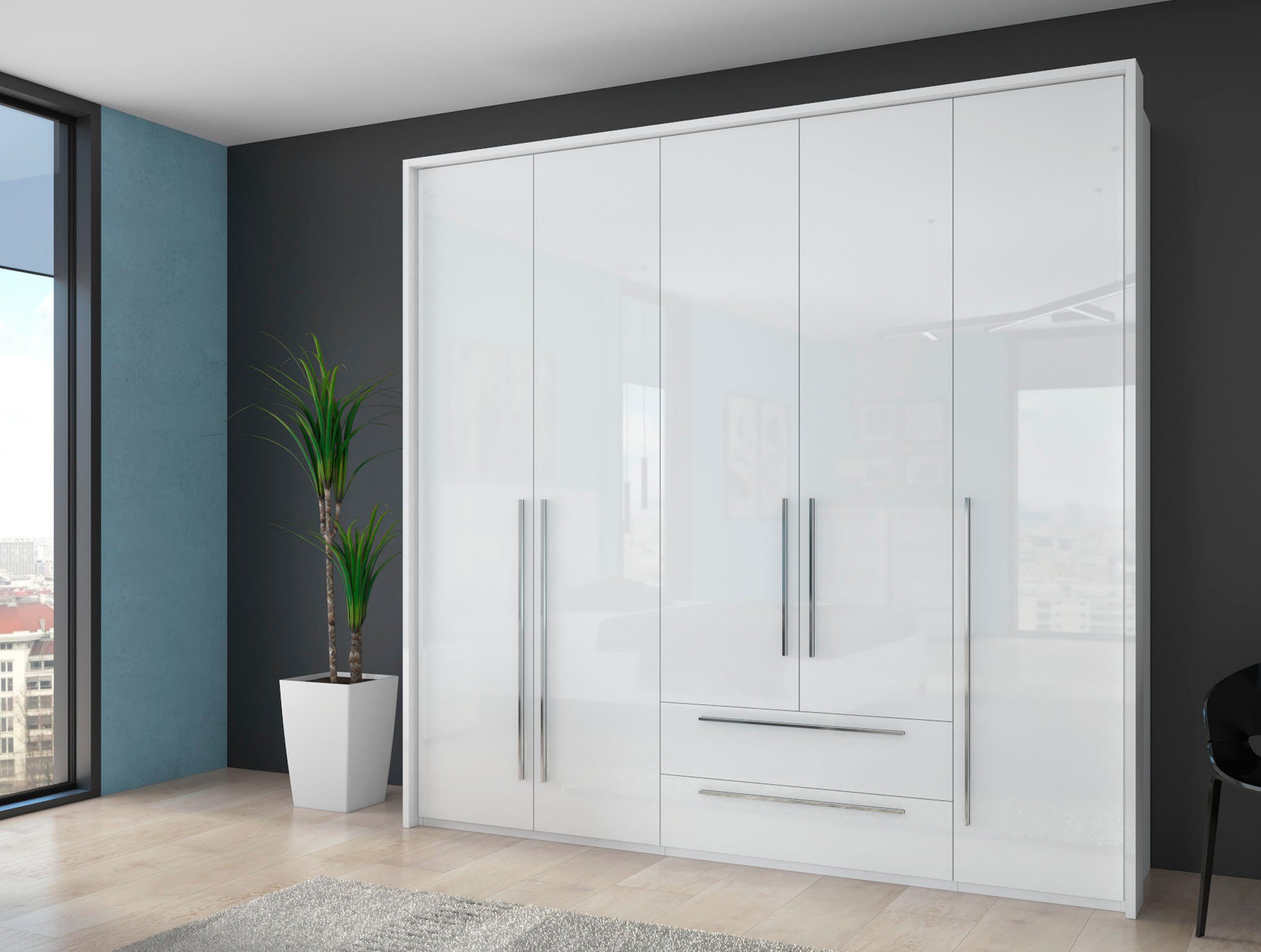 Places of Style Drehtürenschrank Piano, inklusive Rahmen und Beleuchtung, soft-close-Funktion (viele Breiten zur Auswahl, 226cm hoch, mit jeweils 2 Schubladen) beige oder weiß, UV lackiert, Hochglanzfronten, FSC-zertifiziert