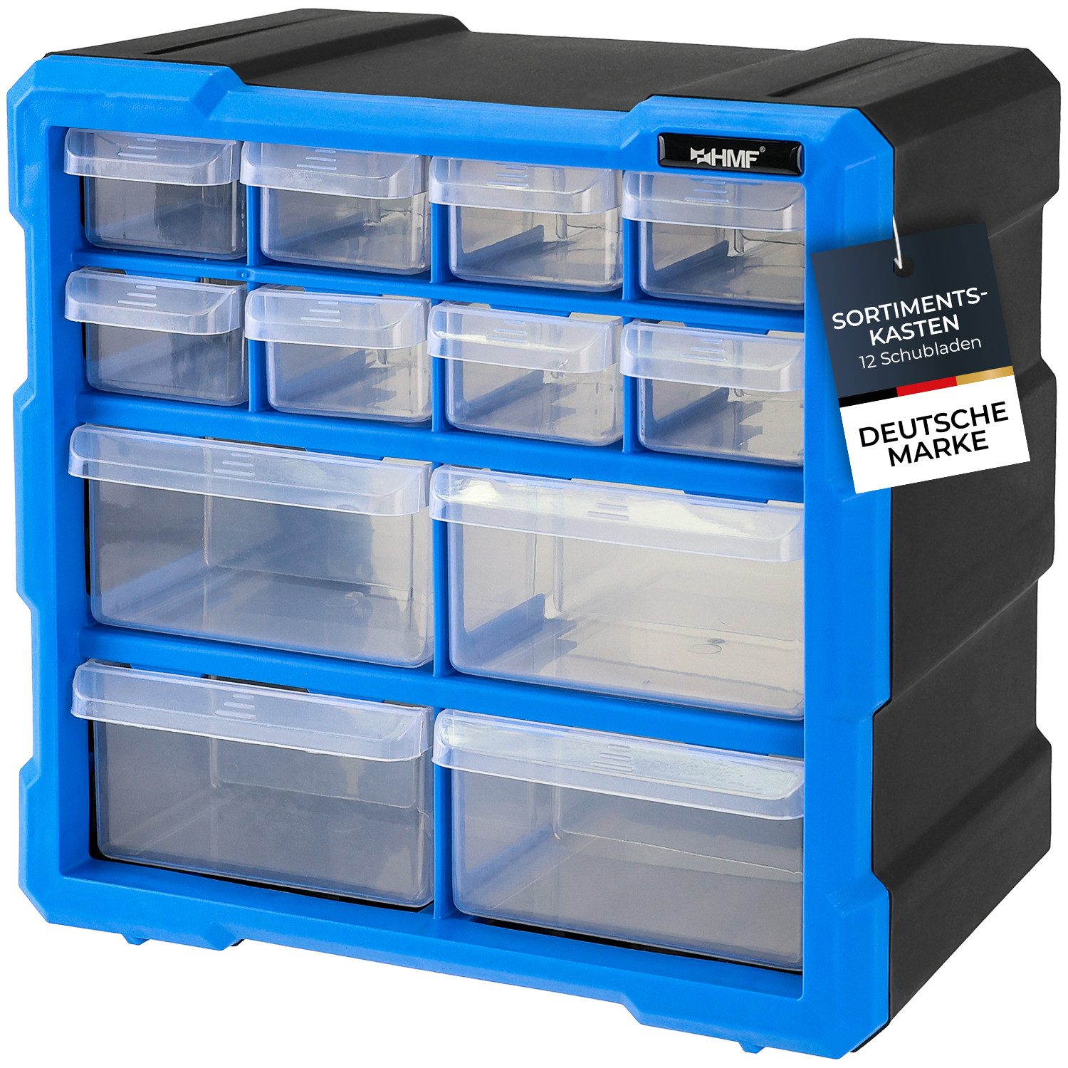 HMF Sortimentskasten Sortierbox für Kleinteile mit 12 Schubladen, Sortimentskasten für, Schrauben und Werkzeug, 24 Fächer, 26,5 x 26,5 x 16 cm, Blau-Schwarz