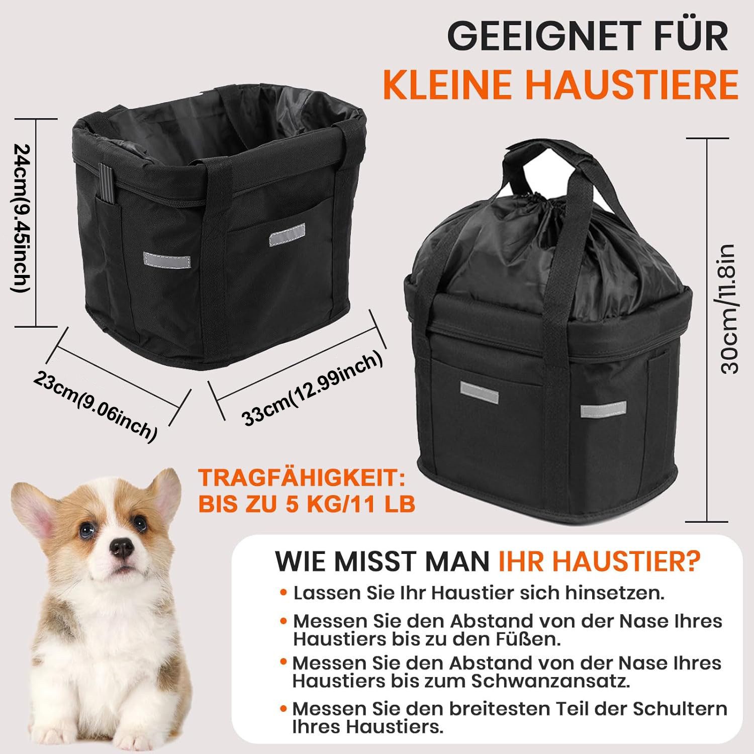 HAUSS SPOLE Fahrradkorb Faltbar Fahrradkorb vorne Lenkerkorb Wasserdicht Haustiertasche (Abnehmbare Lenkerkorb Aluminiumlegierung Rahmen, 1-tlg., 33 × 24 × 23 cm, Tragkraft bis 5 kg, 600D Oxford-Stoff), mit Lenkeradapter für Kleiner Hund Mountain Picknick Einkaufen