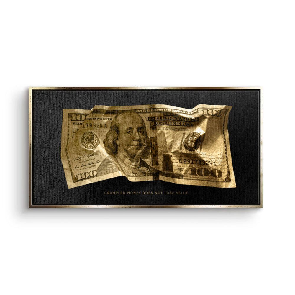 DOTCOMCANVAS® Leinwandbild, Premium Motivationsbild Crumble Money Rahmen V3 - silberner