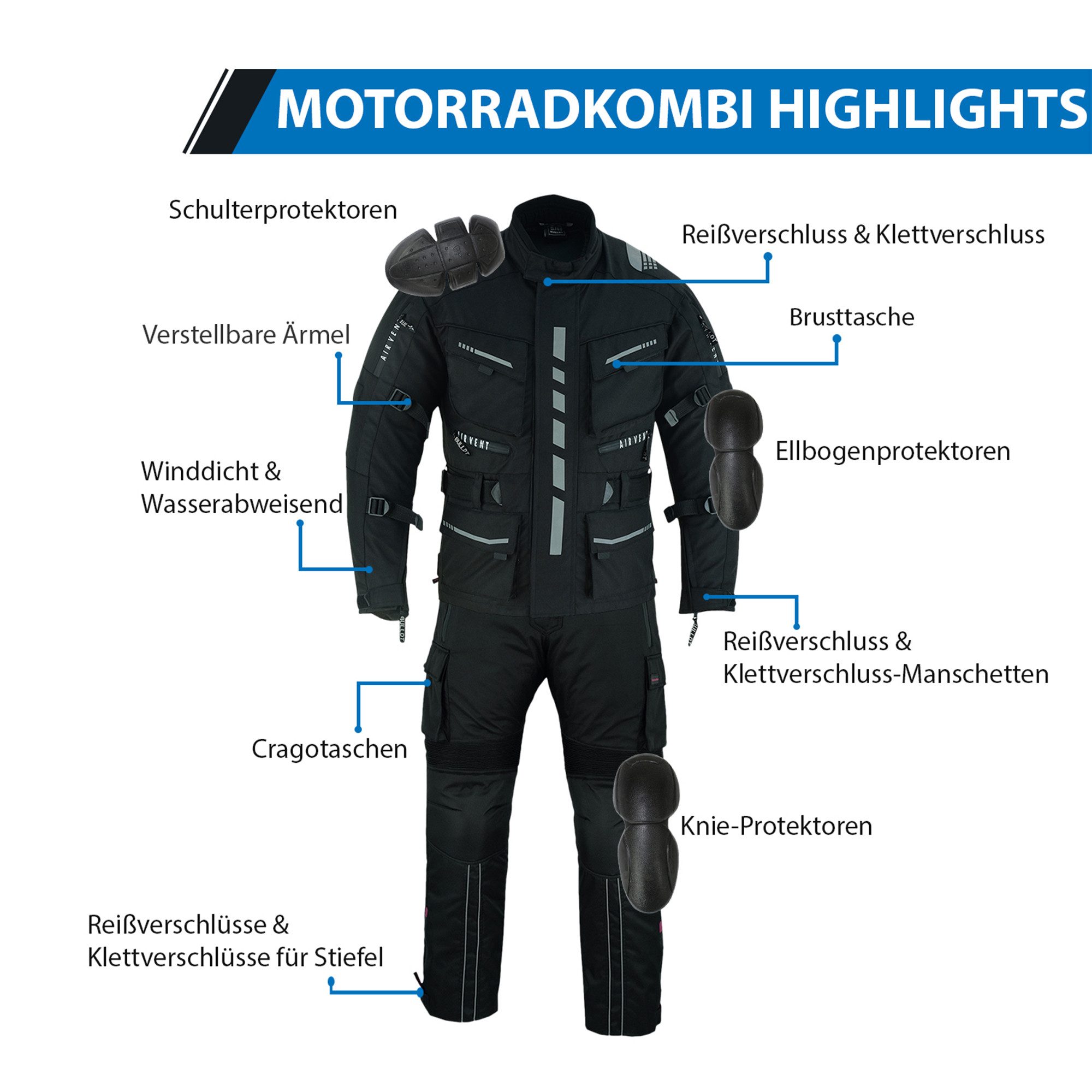 German Wear Motorradkombi BLD325K Motorradkombi Textilien motorradjacke + Motorradhose mit Protektoren