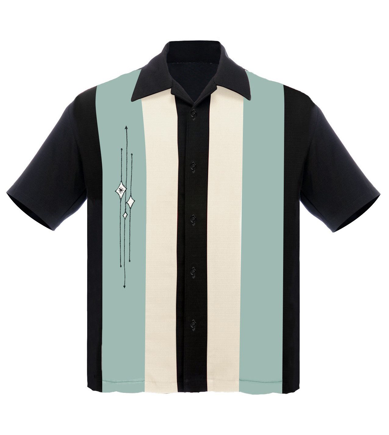 Steady Clothing Kurzarmhemd The Finley Black Mint Cream Vintage Bowling Shirt Retro