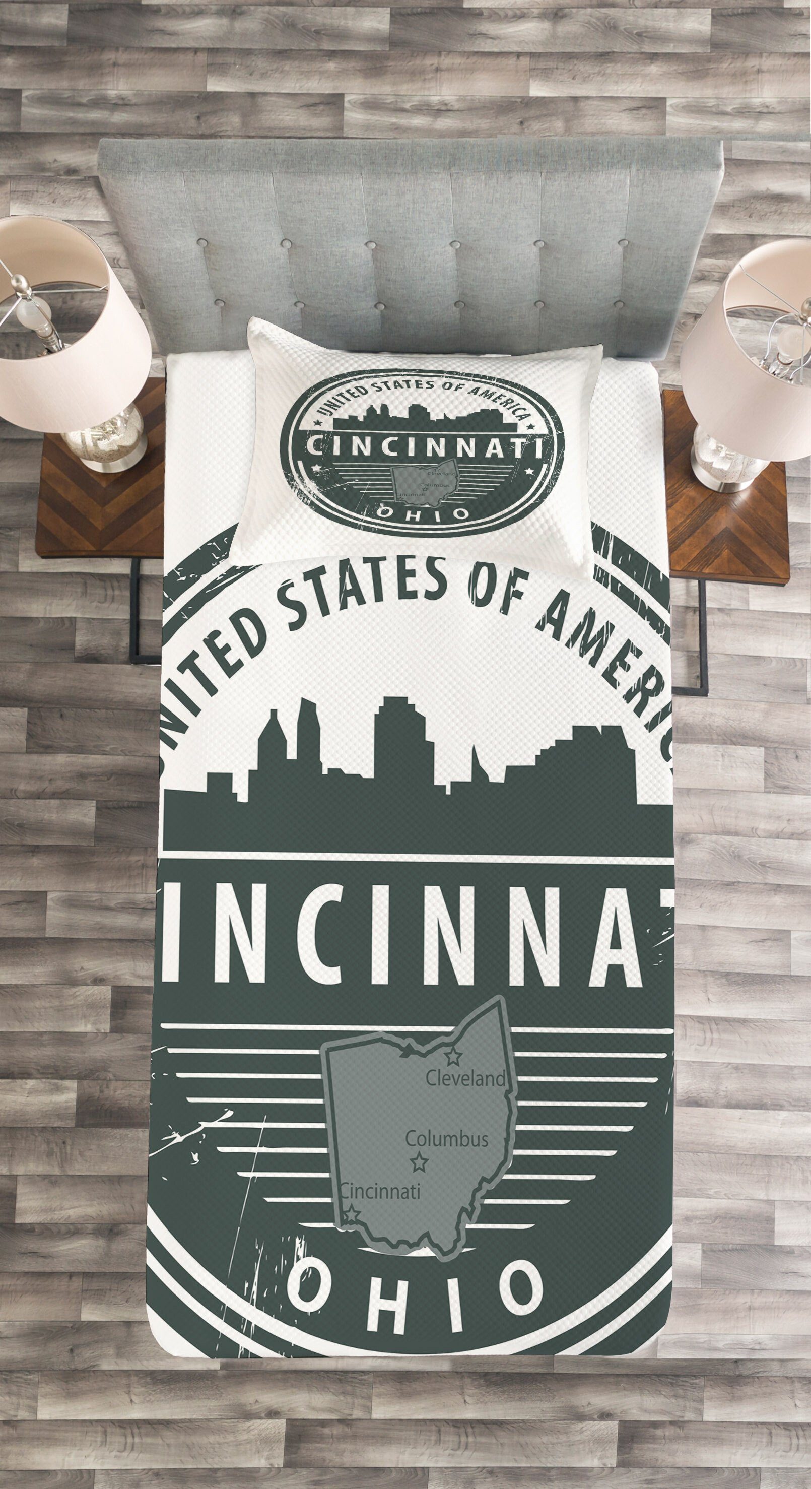 Ohio Im von mit Kissenbezügen Set Alter Tagesdecke Cincinnati Emblem Waschbar, Amerika Abakuhaus,