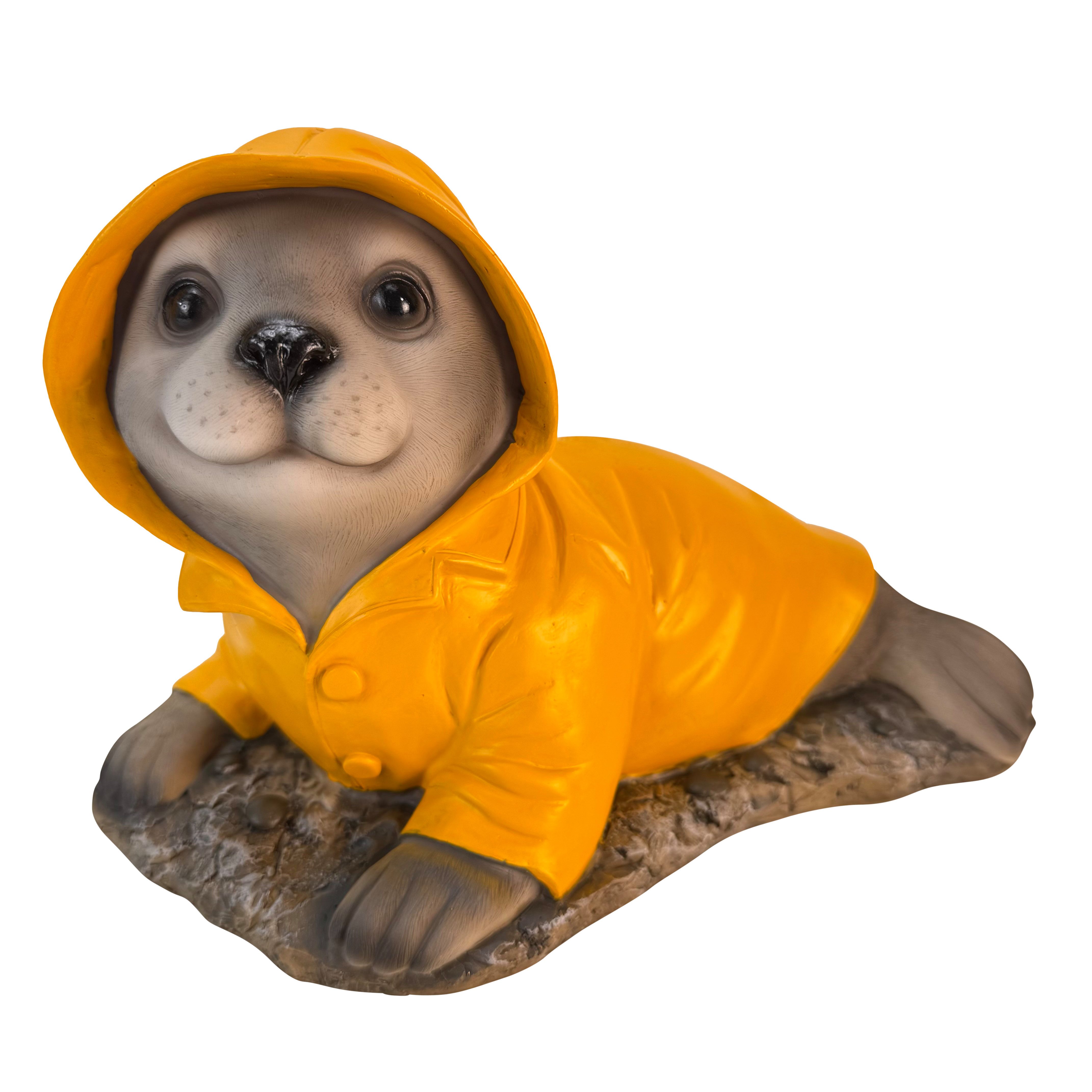 Online-Fuchs Gartenfigur für draußen - Seehund im Regenmantel - Teichdeko - 30 cm groß, (Robbe), aus hochwertigem Kunstharz gefertigt - wetterfest