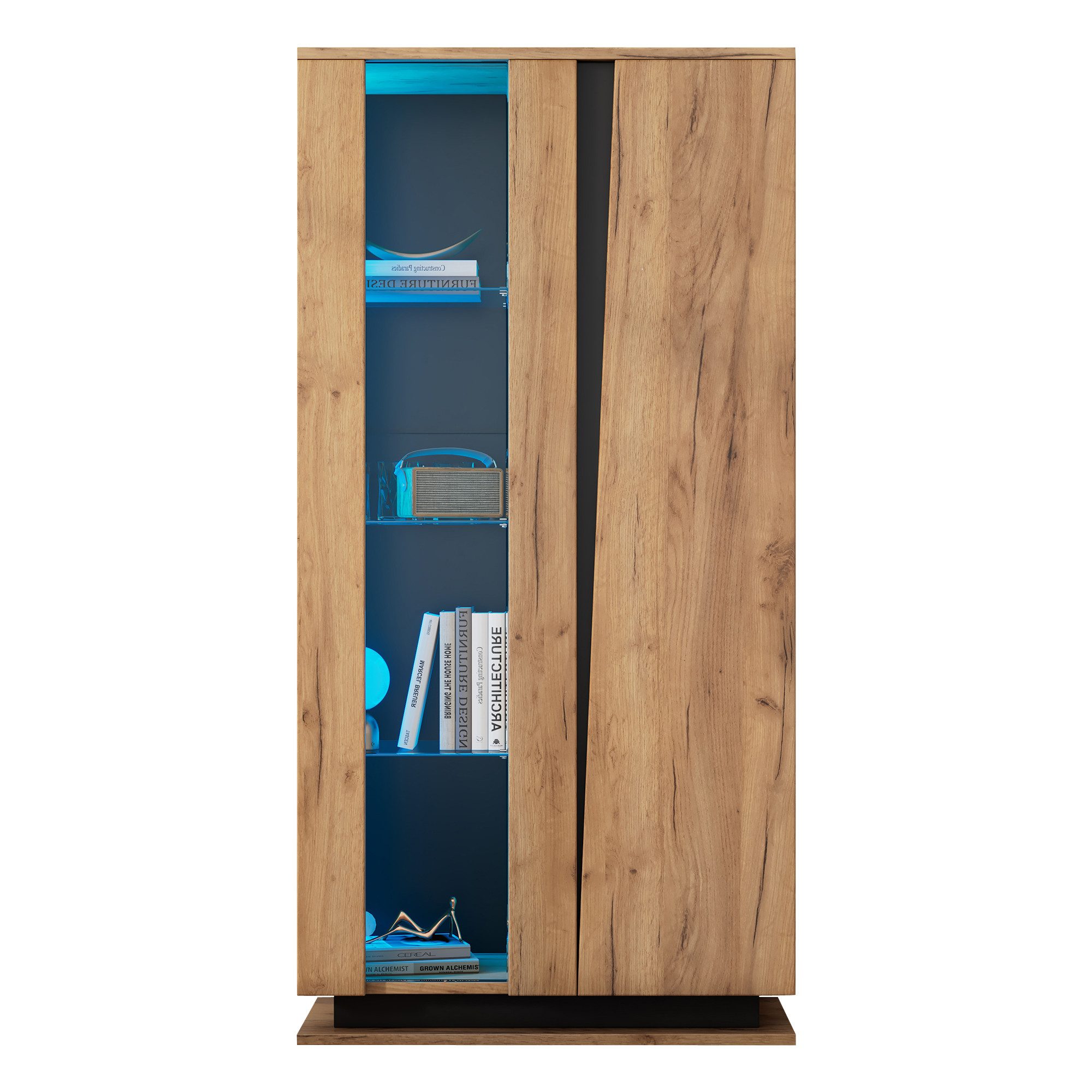 Merax Vitrine mit LED-Beleuchtung in Holzoptik mit Schwarz (Wohnzimmerschrank Hochschrank Standregal Schrank, 1-St., 80x35x160 cm) Standvitrine mit 8 Ablageflächen, Glastrennwänden, Acryl- & Holztüren