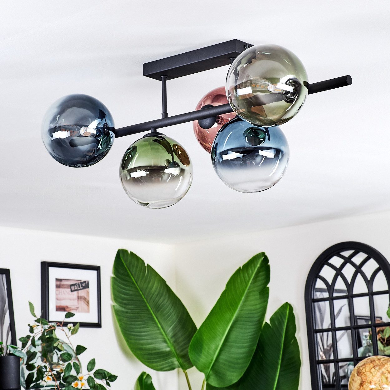 hofstein Deckenleuchte Deckenlampe aus Metall/Glas in Schwarz/Blau/Grün/Kupferfarben/Klar, Deckenleuchte im Retro/Vintage-Design (Schirme Ø 15 cm), 5 x G9