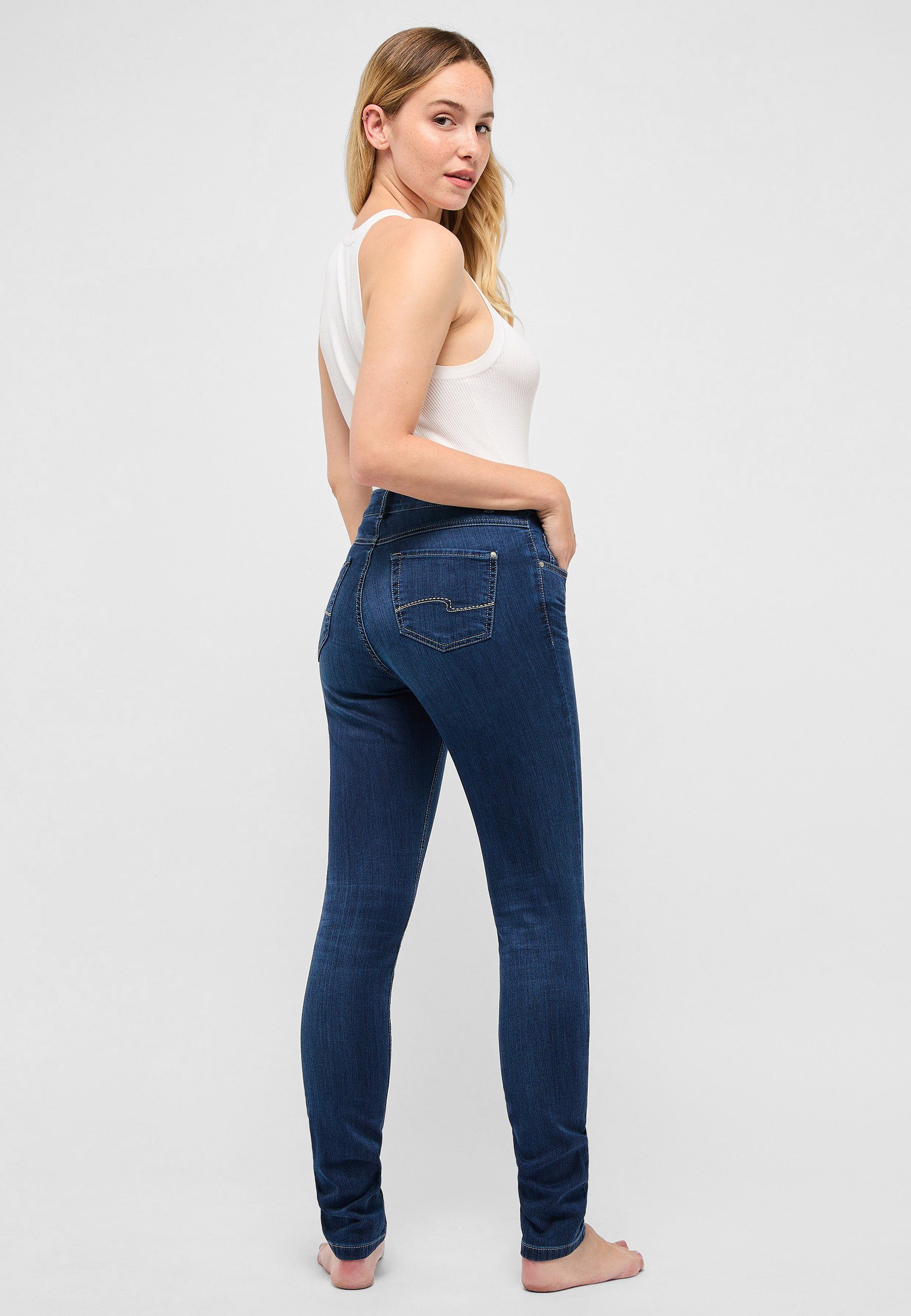 mit mit unifarbenem Stoff Skinny-fit-Jeans Skinny Label-Applikationen Slim-fit-Jeans dunkelblau ANGELS