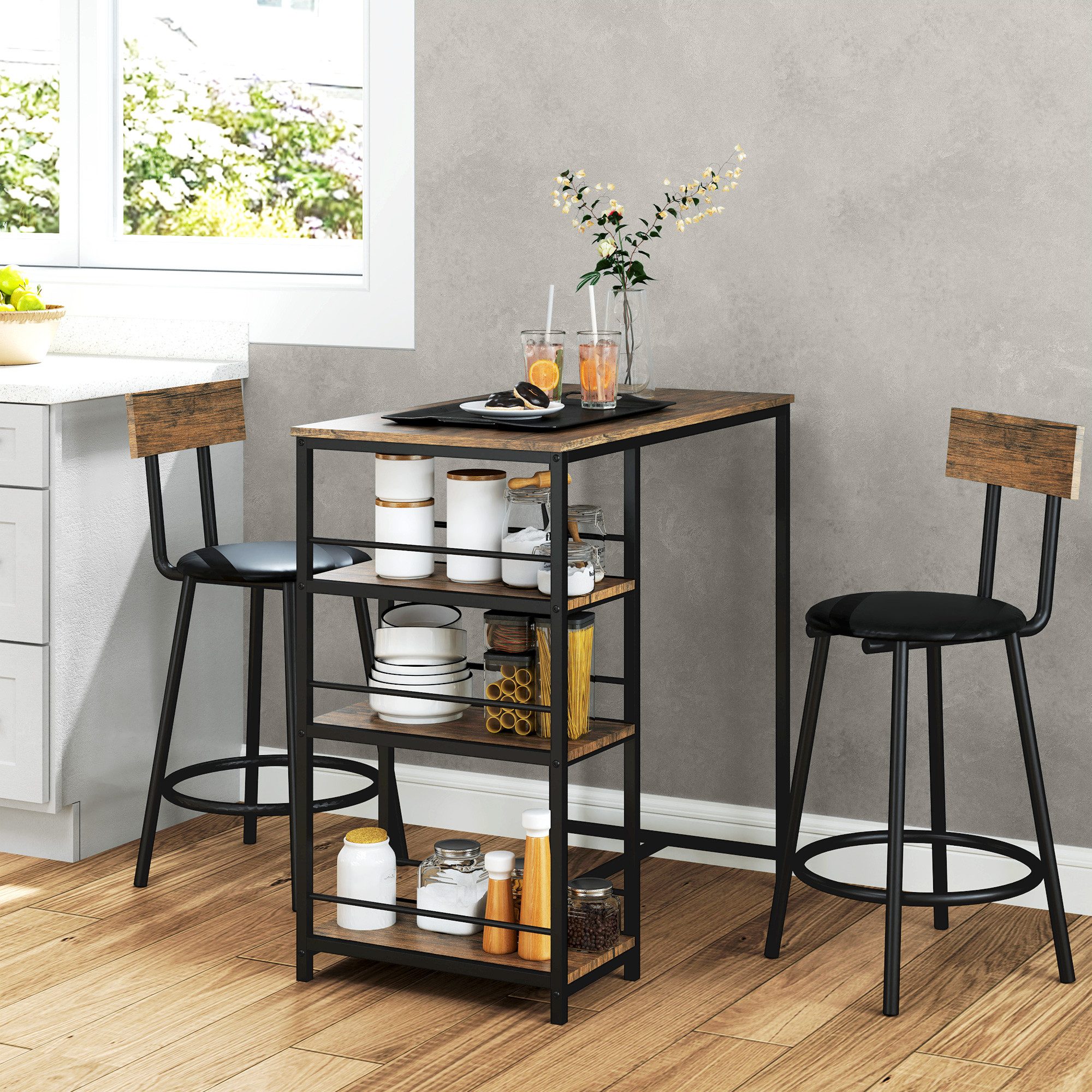 HOMCOM Bargruppe Bartisch mit Barhocker Set, Bartisch-Set für 2 Personen, Rückenlehne, (3-tlg)