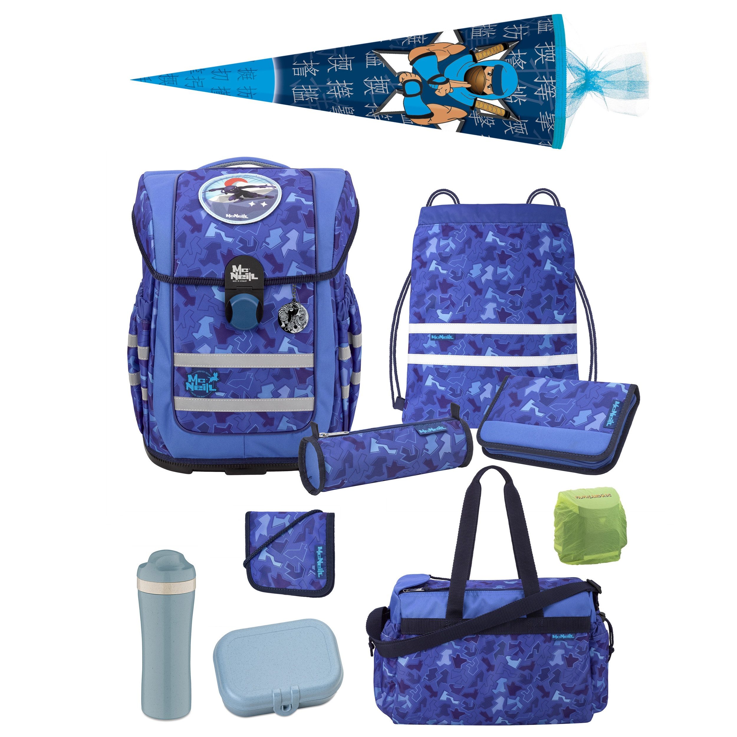 McNeill Ранцы "Puzzle" mit Motivmagnet Ninja; Blau (Set, 10-tlg., inkl. Sporttasche und Ninja Schultüte / Zuckertüte), ergonomisch; leicht; 20L Volumen; wächst mit dem Kind mit