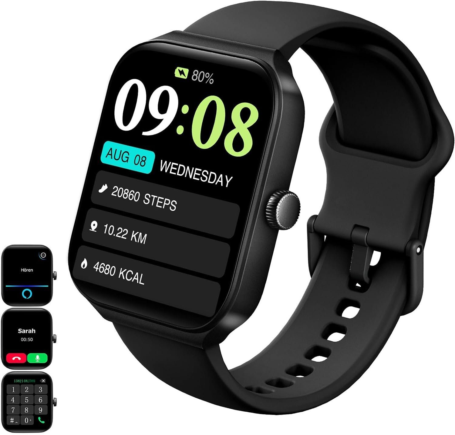 Wanhonghui Fur Herren mit Telefonfunktion Touchscreen Smartwatch (1,95 Zoll, Android iOS), mit Herzfrequenz, SpO2, Schlafmonitor IP68 Wasserdicht Schrittzähler