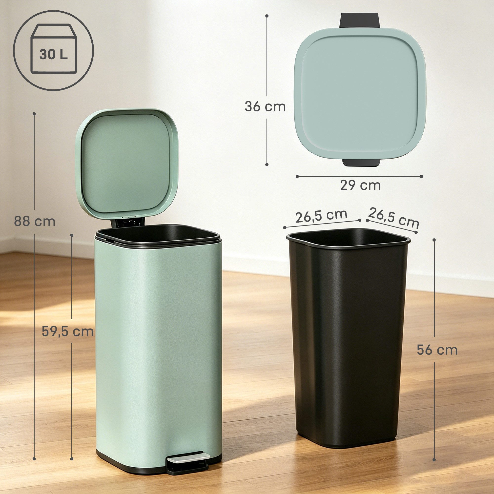 HOMCOM Mülleimer Kompakter Abfalleimer Pedaleimer mit Inneneimer, Soft-Close, Offenhalte-Funktion, 30L