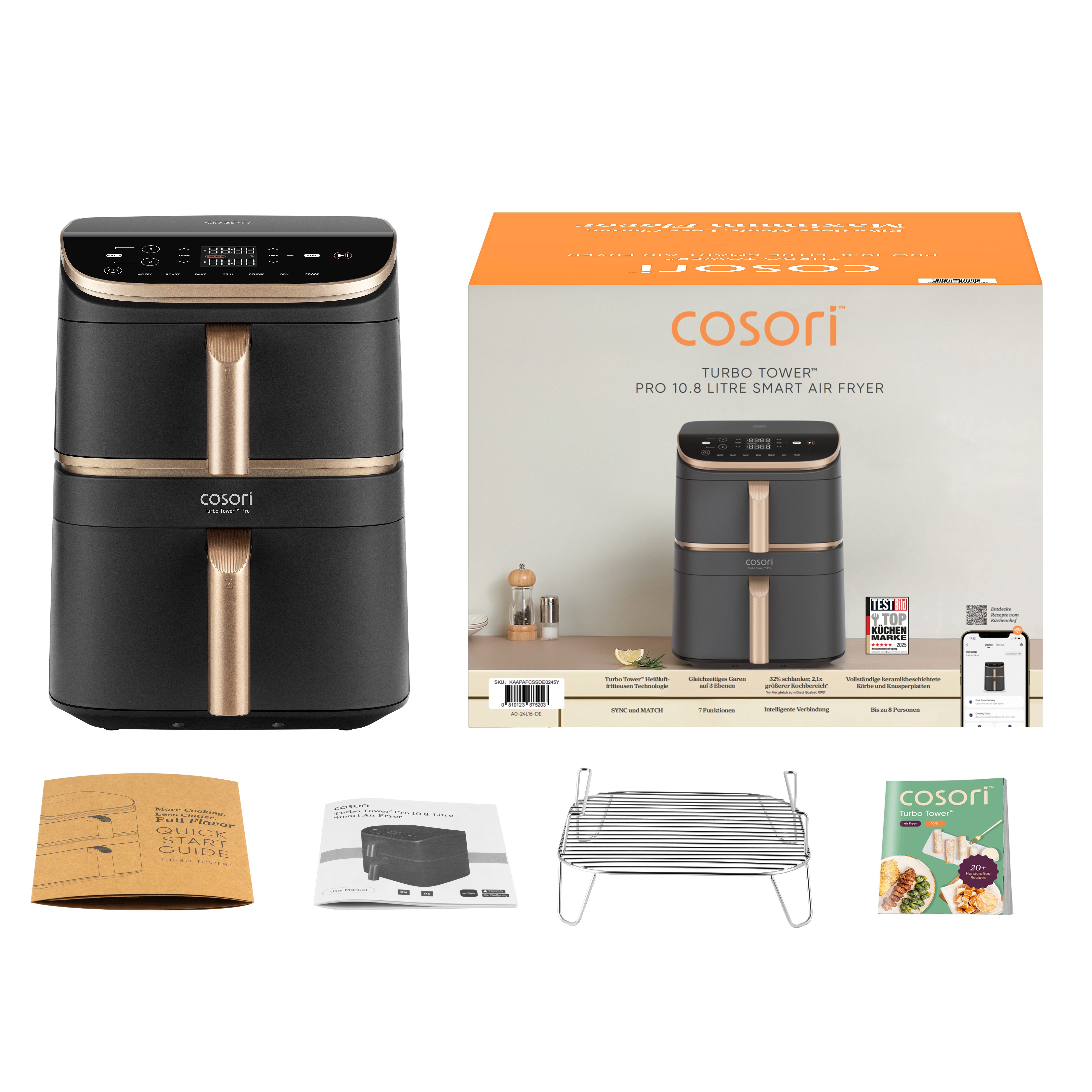 Cosori Heißluftfritteuse Cosori Turbo Tower Pro Smart CAF-DC123S, vertikaler Doppelkammer, Keramik-Körbe, 2630 W, 2 DC-Motoren, 7 Funktionen, 2 Keramik-Körbe, 10,8L (4,3l + 6,5l)