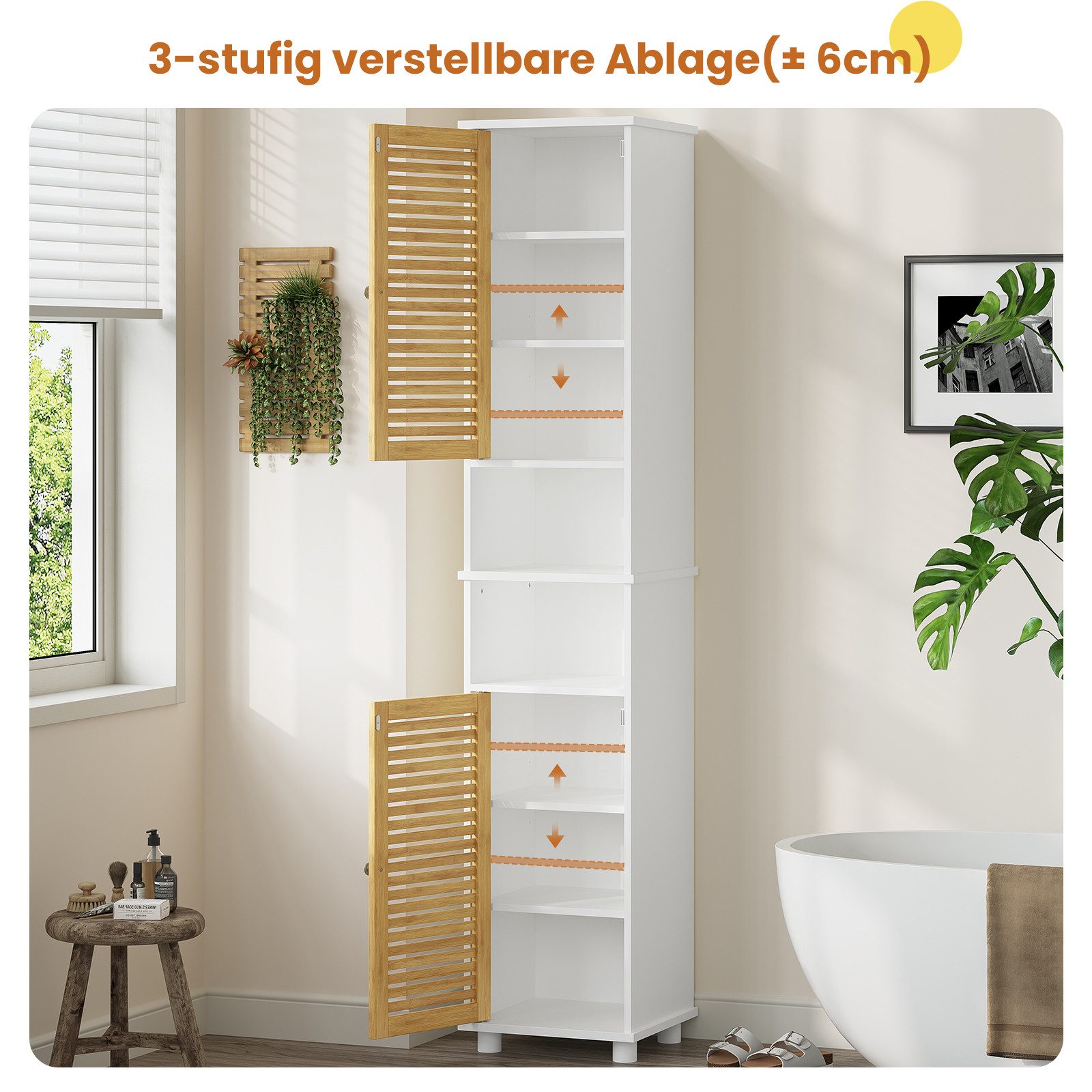 MSMASK Hochschrank Badezimmerschrank Standschrank mit 2 offenen Regalen und 2 Bambustüren 30 × 32 × 190 cm – Bild 4 von 5