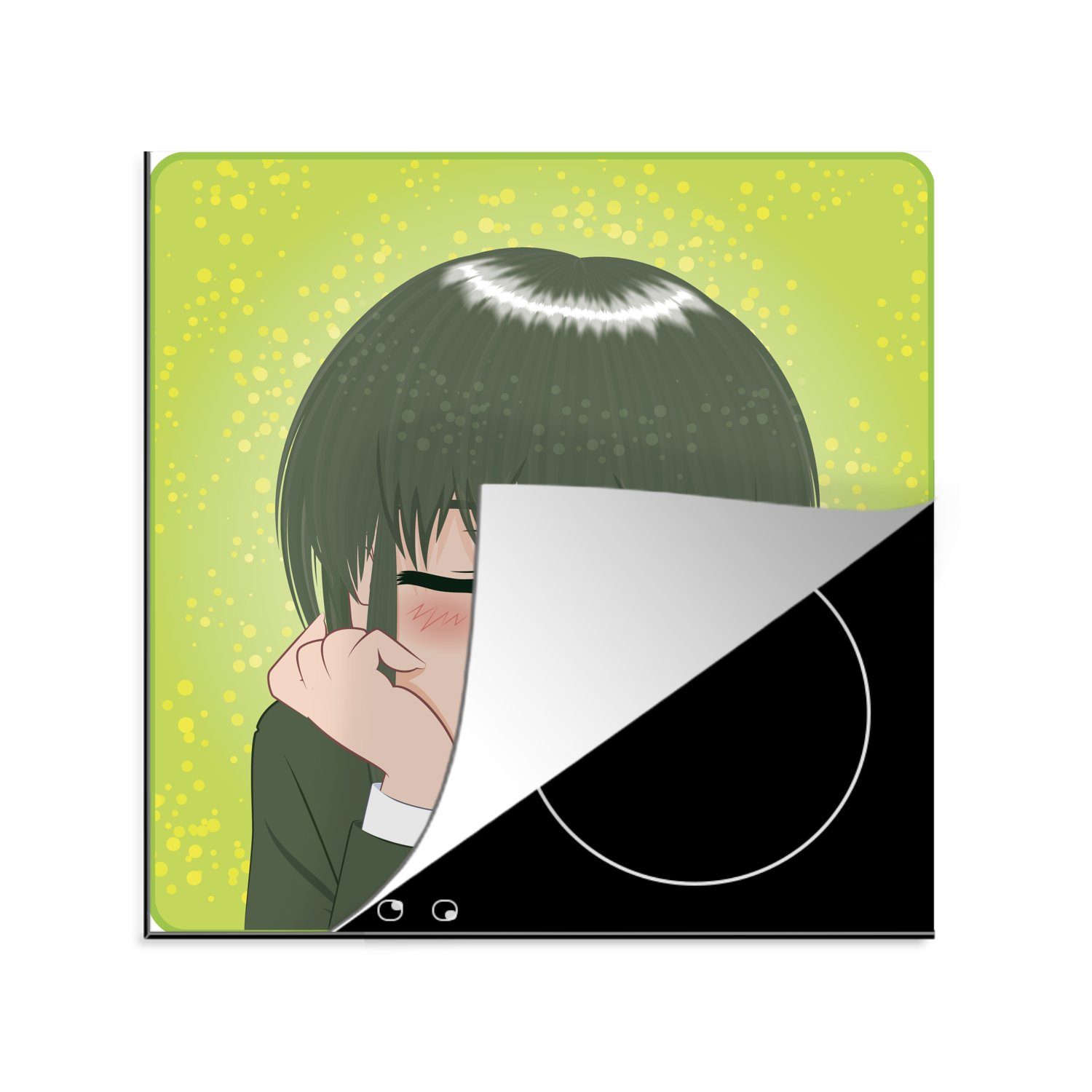 tlg), Herdblende-/Abdeckplatte schlafenden Eine 78x78 Arbeitsplatte Vinyl, Augen, für mit MuchoWow einer (1 japanischen küche Figur Ceranfeldabdeckung, cm, Illustration