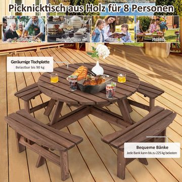 COSTWAY Gartentisch, Picknicktisch mit 4 Bänken, Schirmloch, 178x178x70cm
