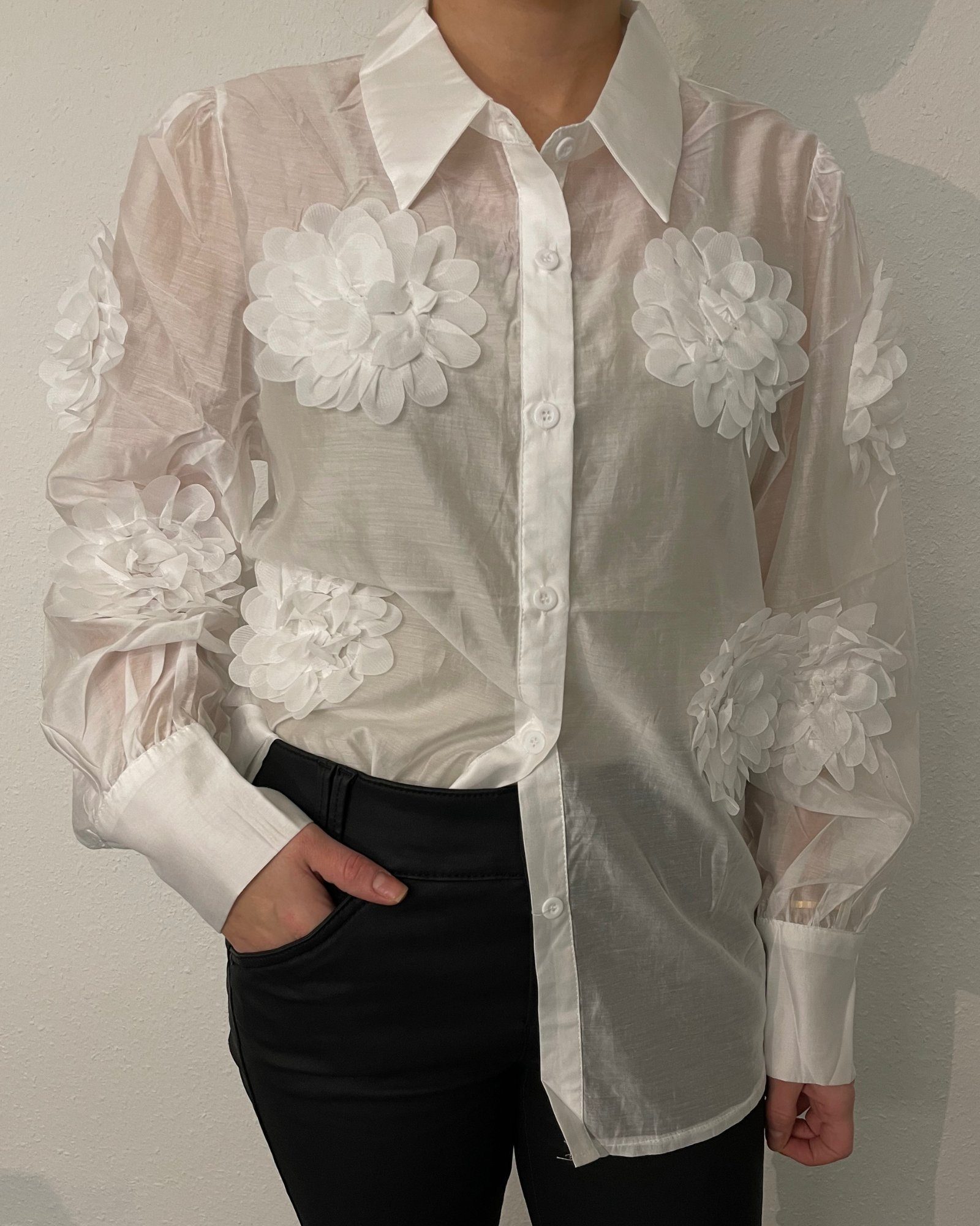 transparent ONE hier - Blumen ITALY - Langarmbluse - - mit Bluse XS L passt ZENA - VIBES langarm SIZE Gr. weiß Meshbluse