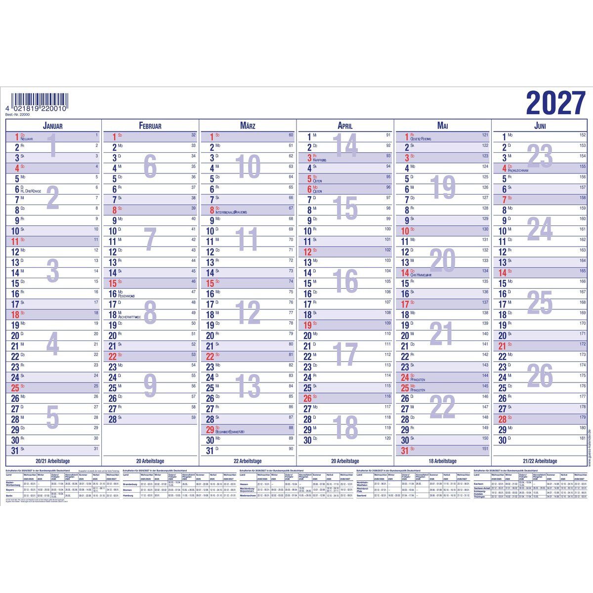 GÜSS Kalender Terminplaner Tafelkalender A5 12 Monate Kalendarium 2027