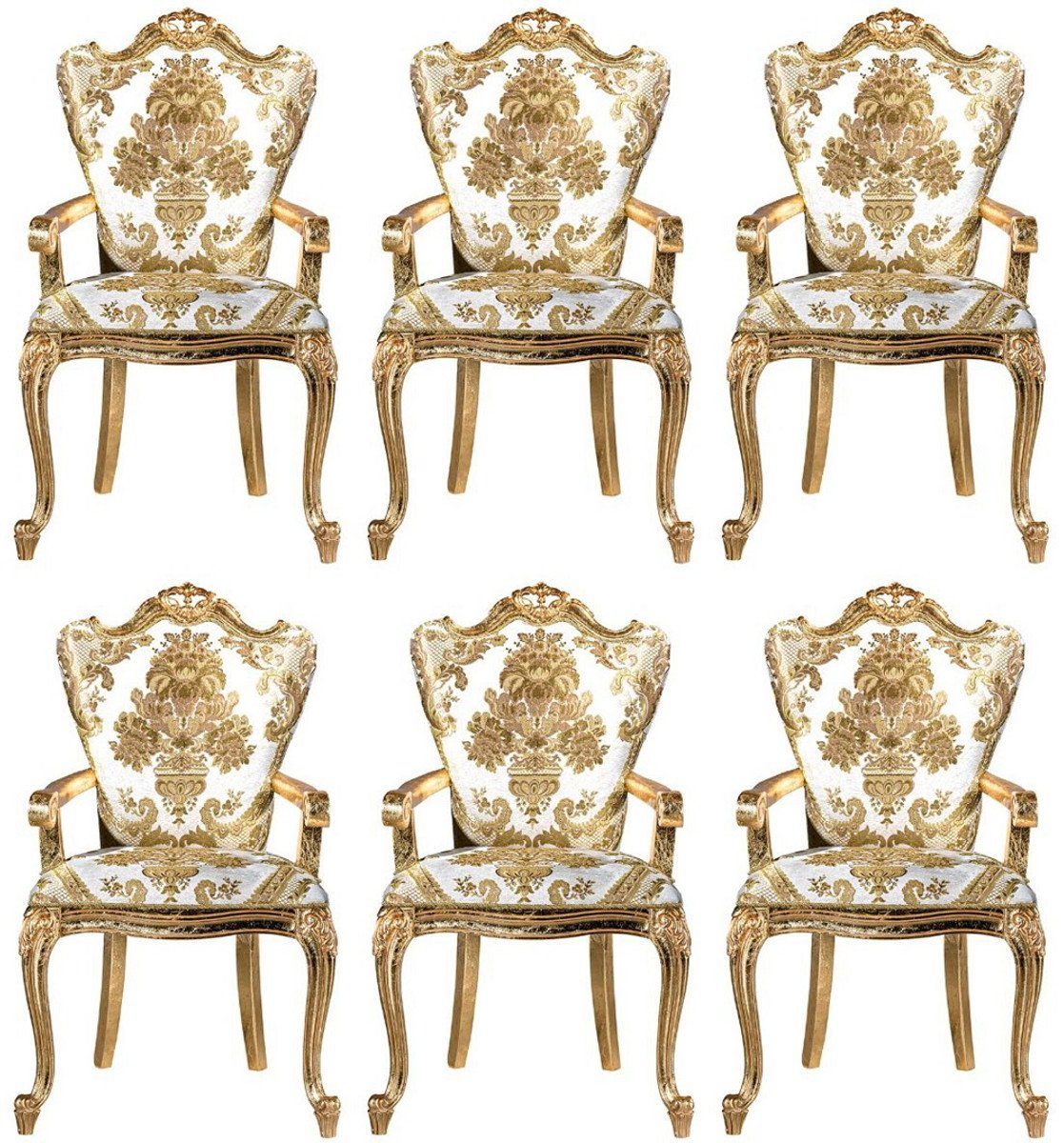 Casa Padrino Esszimmerstuhl Luxus Barock Esszimmerstuhl Set Weiß / Gold - 6 handgefertigte Küchen Stühle mit Armlehnen und elegantem Muster - Barock Esszimmer Möbel - Edel & Prunkvoll