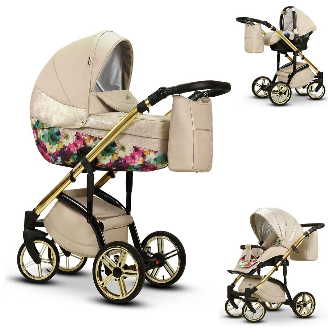 babies-on-wheels Kombi-Kinderwagen 3 in 1 Kinderwagen-Set Vip Lux - 12 Teile - in 16 Farben Sand-Blume