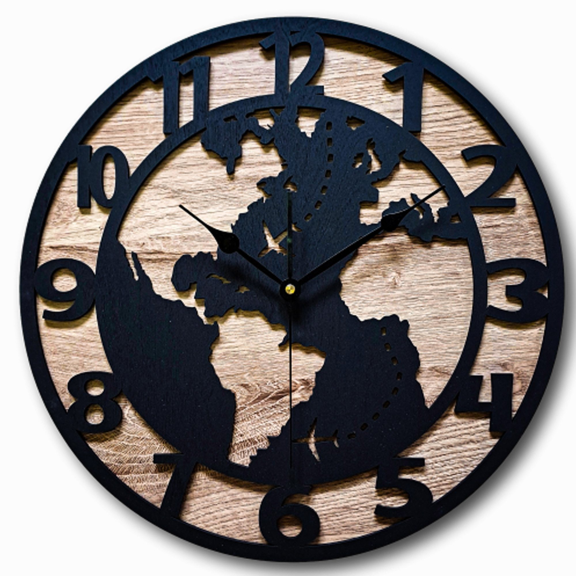 ORNAMENTI Wanduhr Grosse, Modern, holz Wanduhr für Reisende, Touristen, Weltkarte (ohne Ticken, Wanddeko, Holzdeko, 3 Größen 40, 50, 60 cm, handmade)