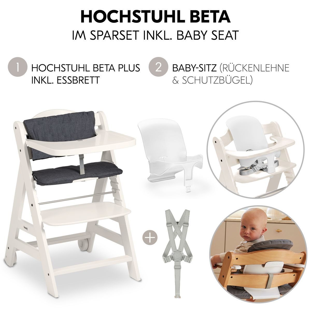 Hauck Hochstuhl Beta Plus - White, Holz Kinderhochstuhl mit Baby-Sitz, Essbrett, Sitzauflage & Rollen
