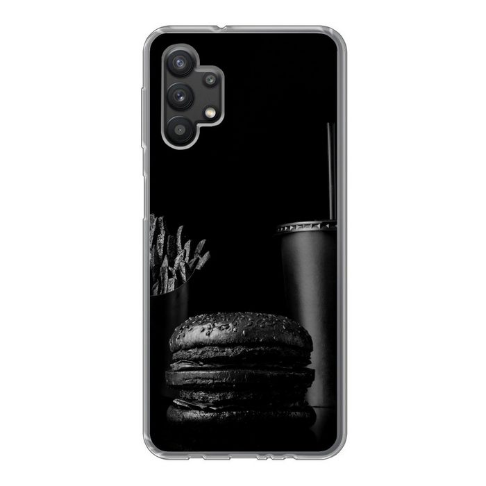 MuchoWow Handyhülle Fastfood-Mahlzeit mit Burger und Pommes frites in Schwarz-Weiß Handyhülle Samsung Galaxy A32 5G Smartphone-Bumper Print Handy