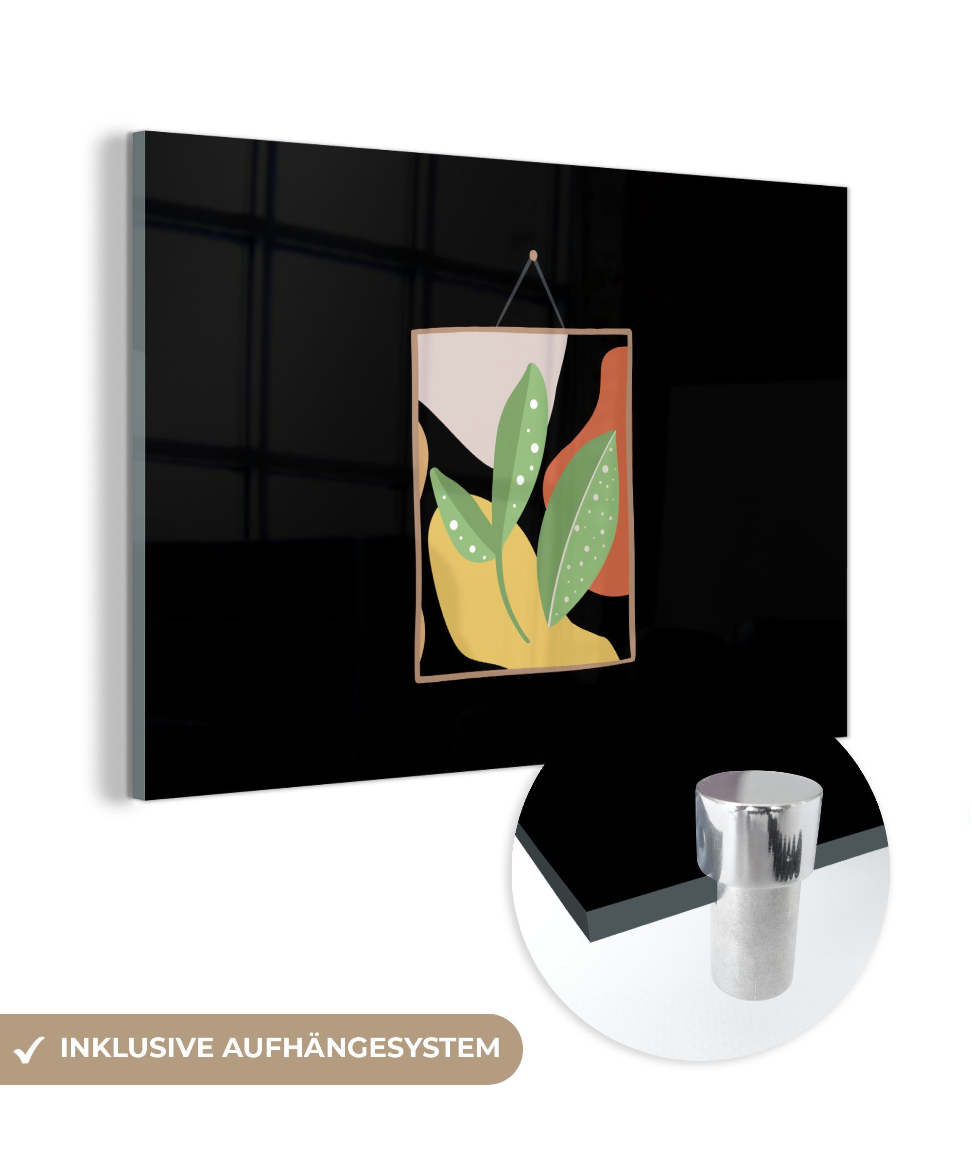 MuchoWow Acrylglasbild Pflanze - Blätter - Rahmen - Pastell, (1 St), Acrylglasbilder Wohnzimmer & Schlafzimmer