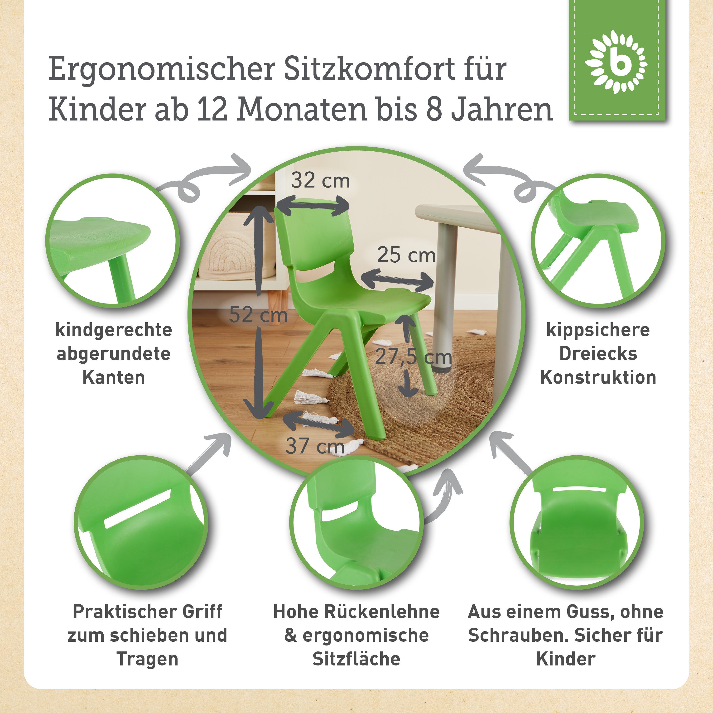 BIECO Stuhl Bieco Kinderstuhl bis 80 kg belastbar, stapelbar & kippsicher Stuhl – Bild 3 von 5