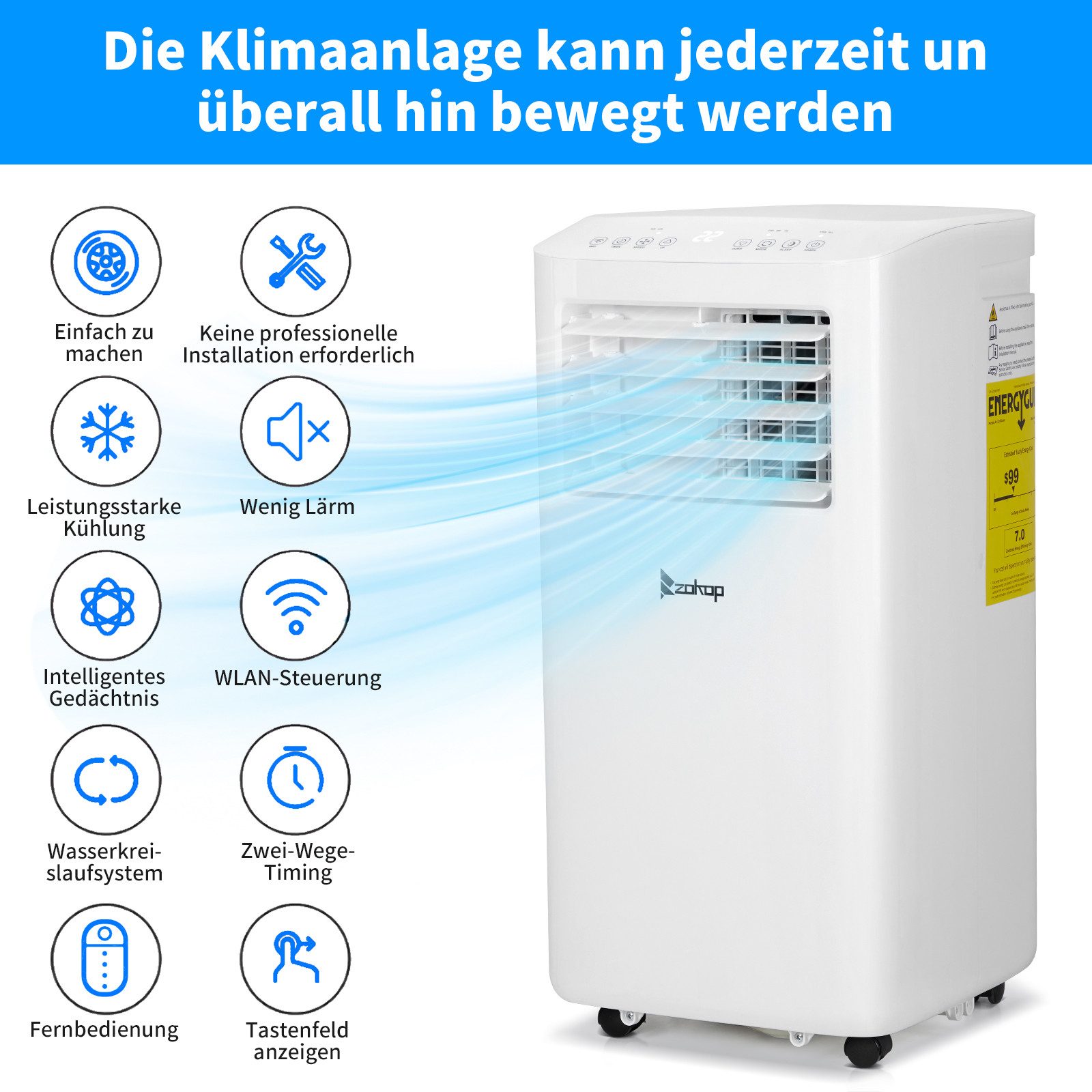LALAHO Klimagerät Mobiles Klimagerät 10000 BTU/h, mit Abluftschlauch mit WIFI