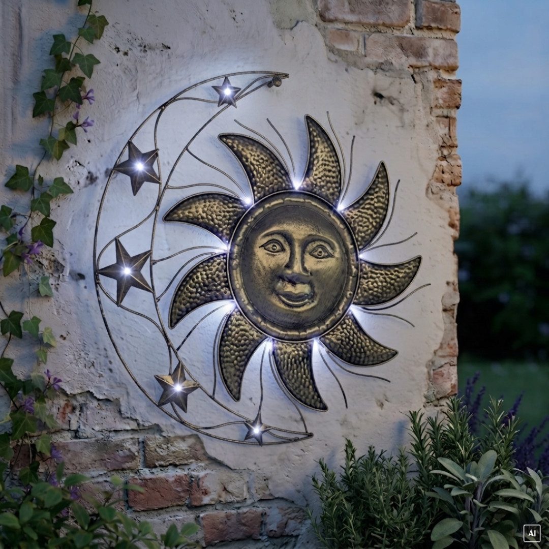 abc HOME Wanddekoobjekt LED Solar Wanddeko Sonne Mond Sterne – Metall-Bild mit Lichtsensor