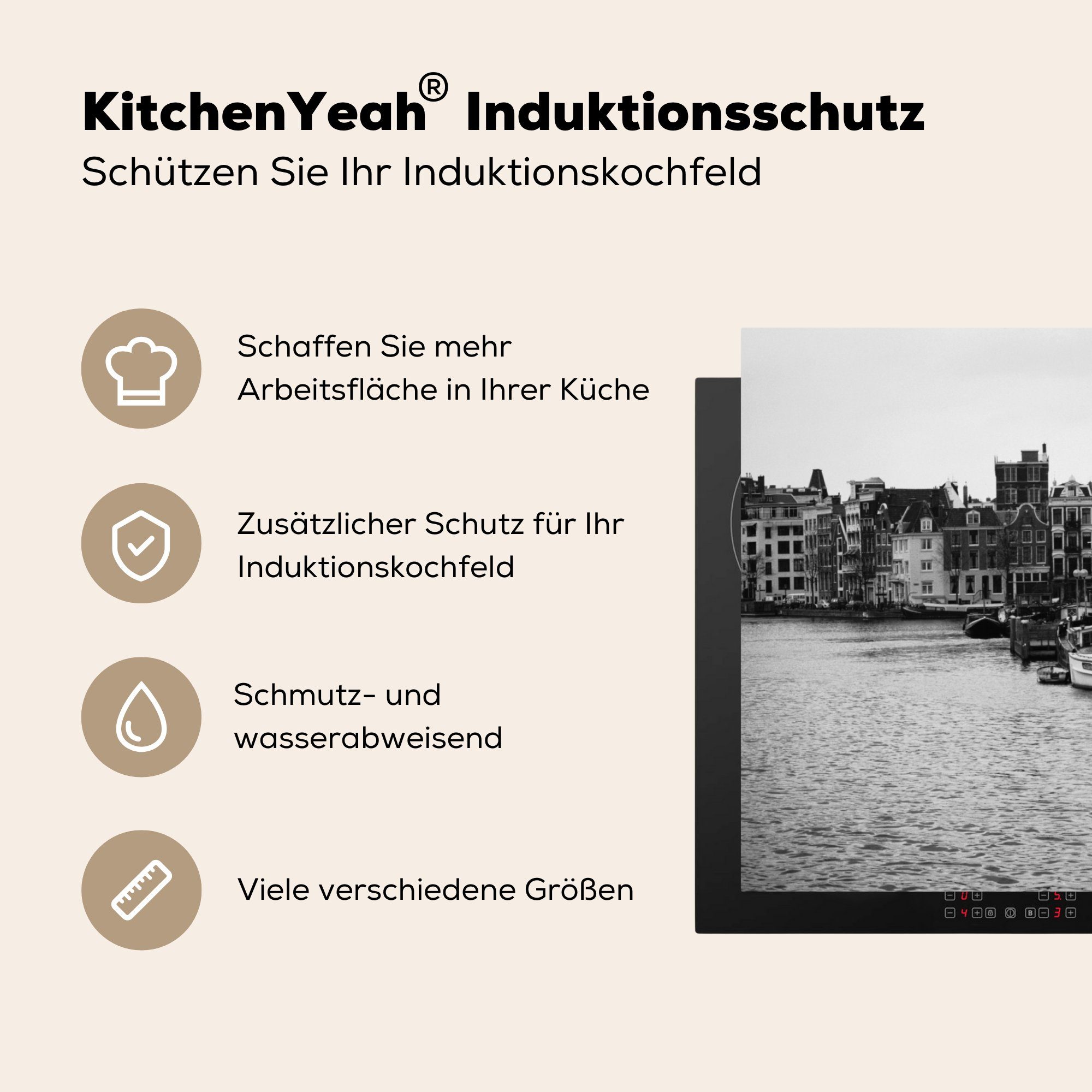 Ceranfeldabdeckung Gracht für Induktionskochfeld tlg), Vinyl, - - Amsterdam Weiß, Herdblende-/Abdeckplatte küche, (1 die in 81x52 Schutz cm, MuchoWow Schwarz