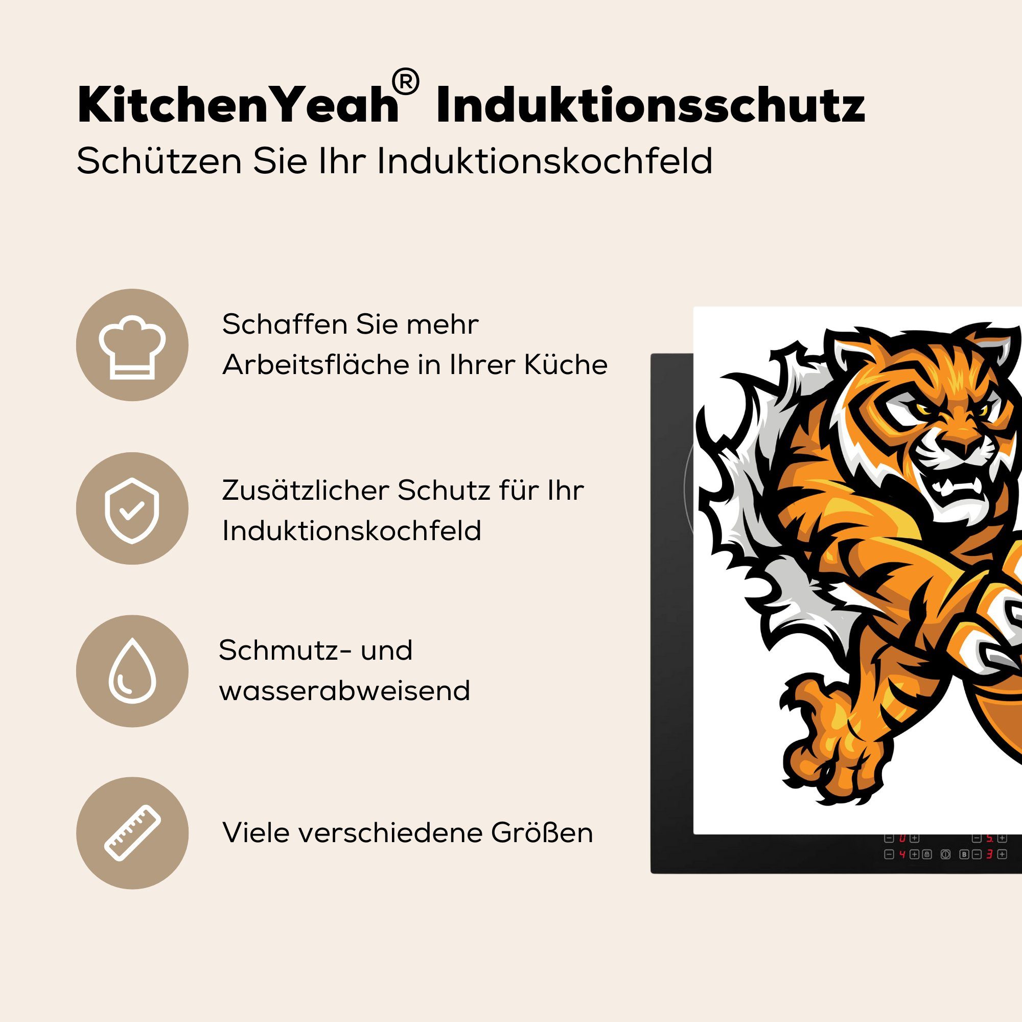 einer, mit seinen Ein den Vinyl, 78x78 tlg), Arbeitsplatte cm, Krallen MuchoWow Basketball packt (1 für Ceranfeldabdeckung, Herdblende-/Abdeckplatte küche in Tiger